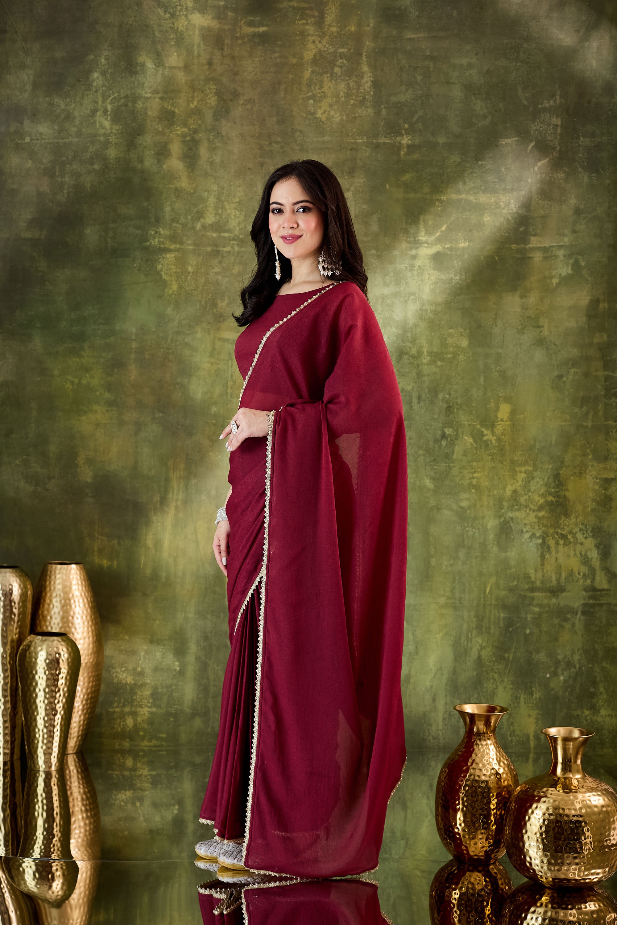 Red Organza Ready To Wear Saree with Zari Border