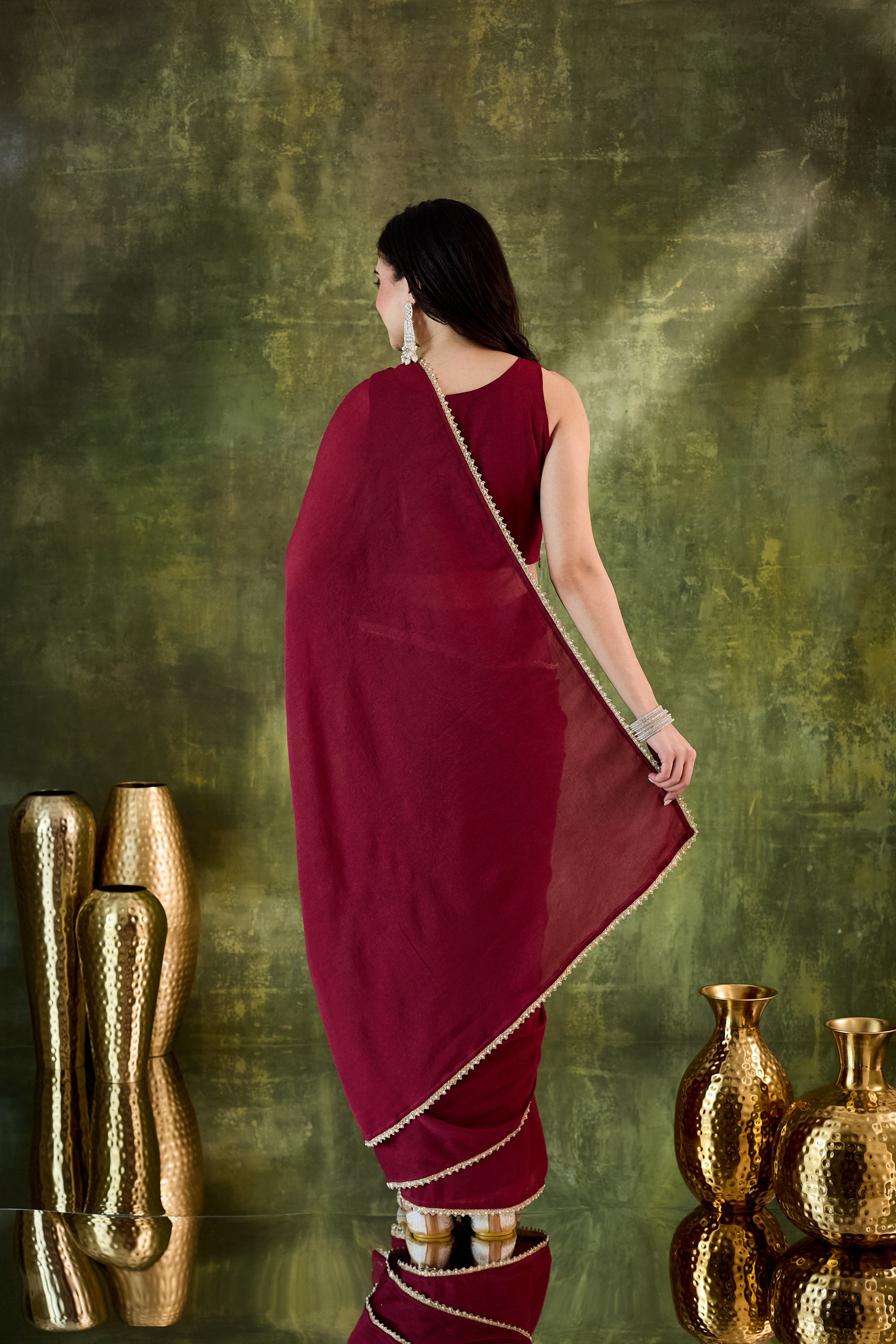 Red Organza Ready To Wear Saree with Zari Border
