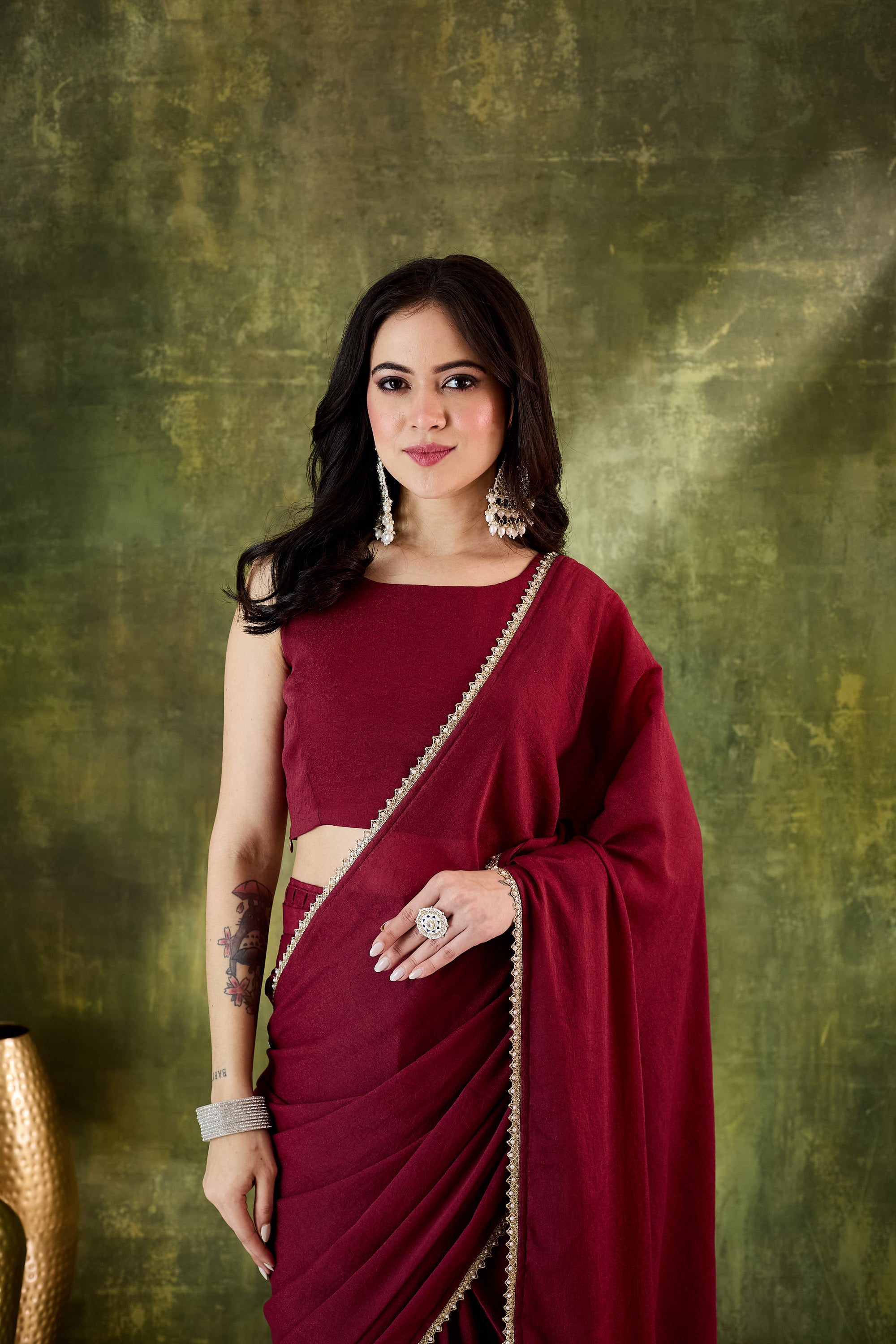 Red Organza Ready To Wear Saree with Zari Border