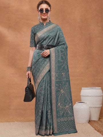 Teal Geometric Printed Organza Ready to Wear Saree