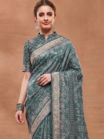 Teal Kalamkari Printed Organza Party Wear Saree