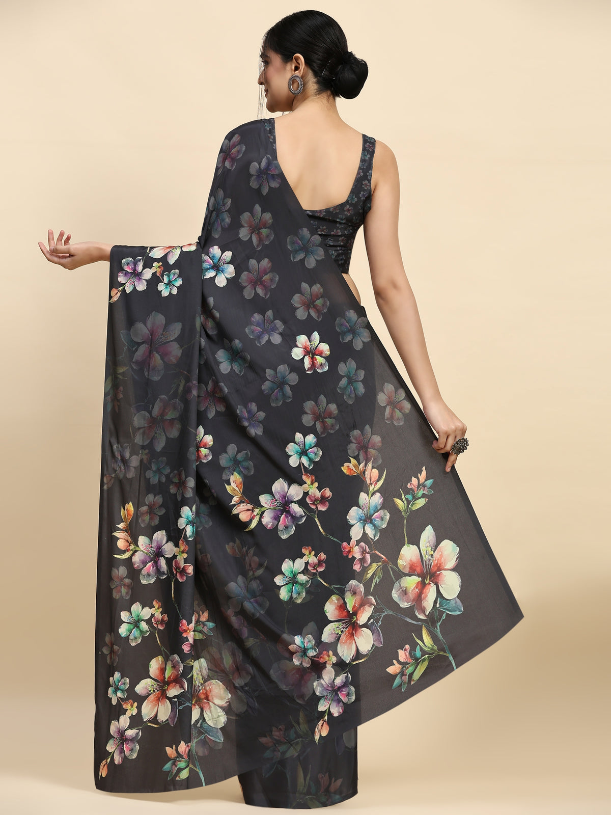 Grey Floral Printed Satin Designer Saree