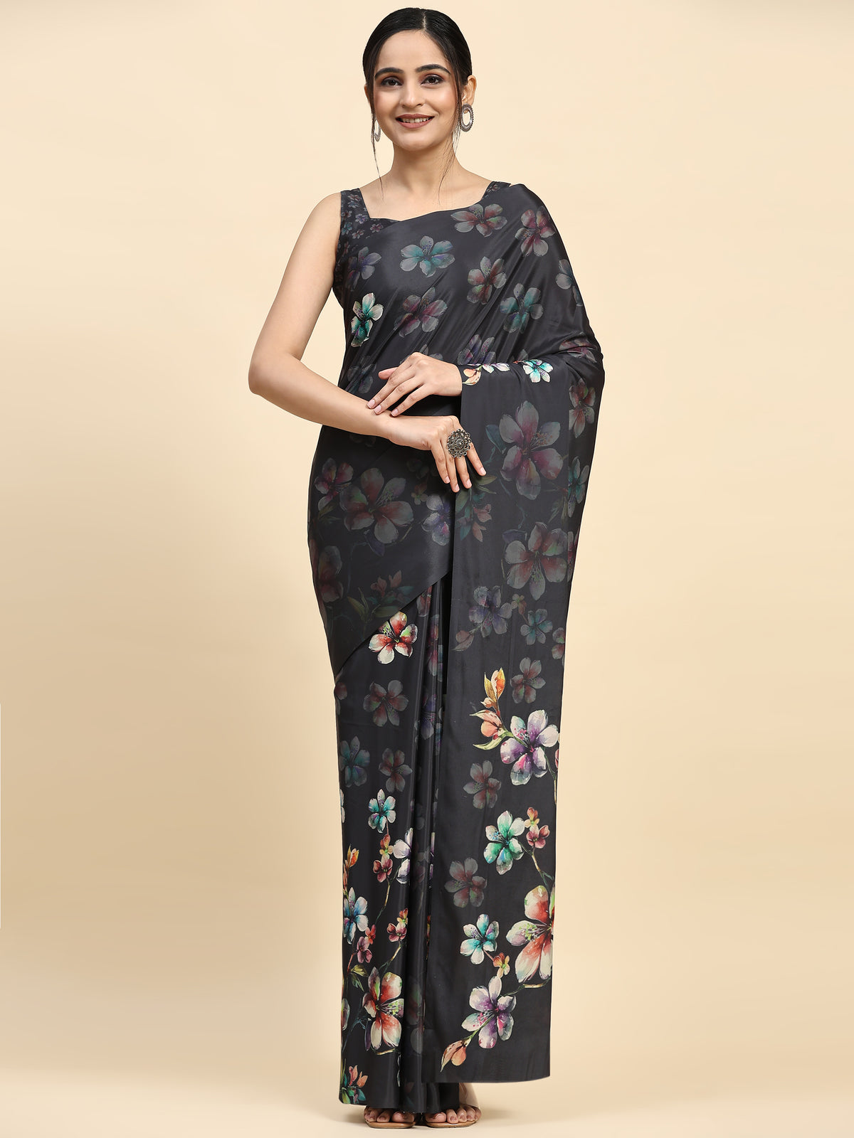 Grey Floral Printed Satin Designer Saree