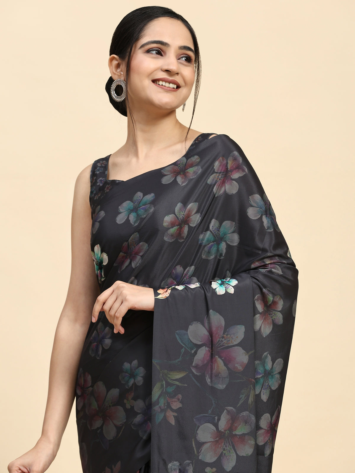 Grey Floral Printed Satin Designer Saree