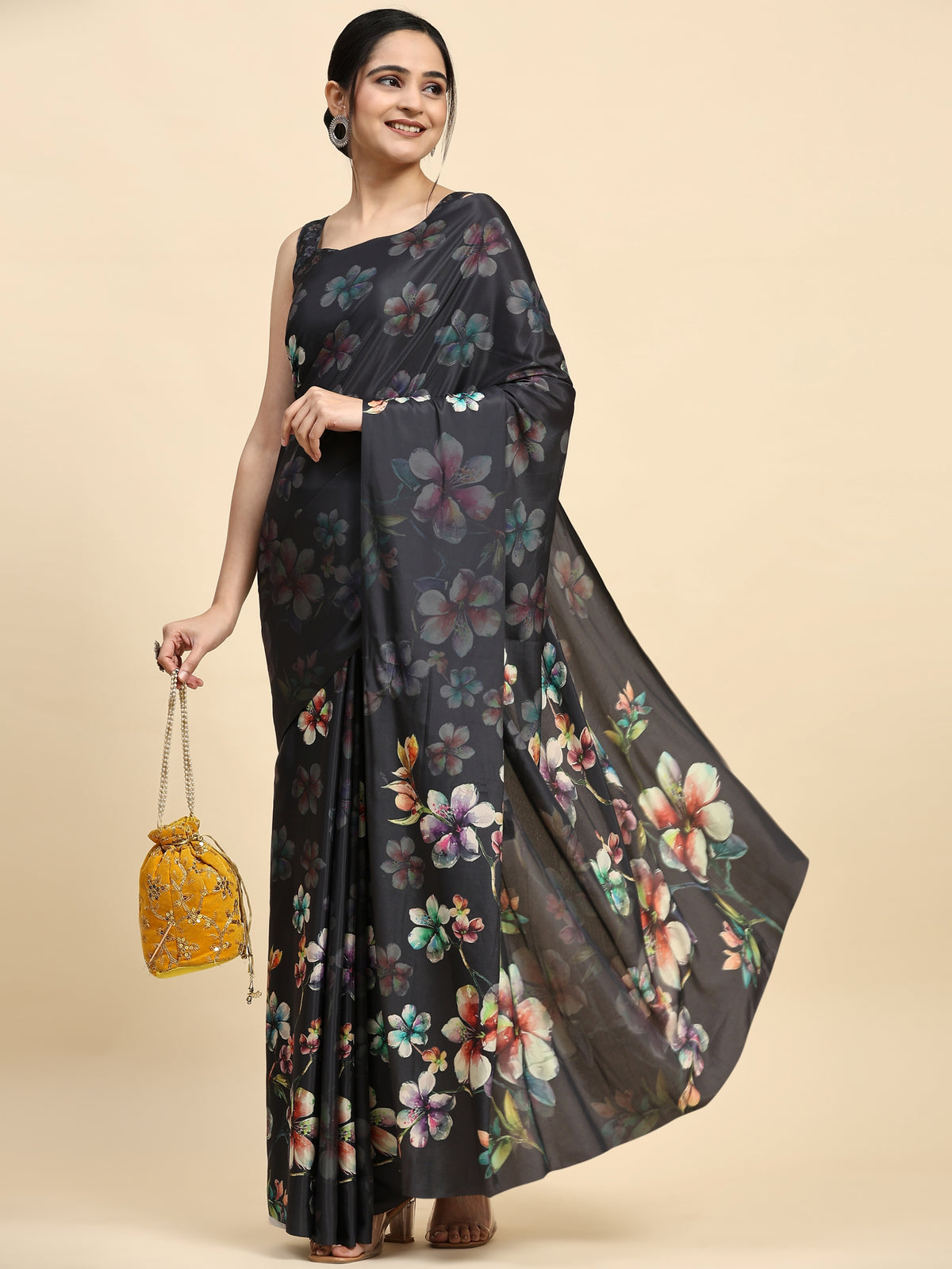 Grey Floral Printed Satin Designer Saree