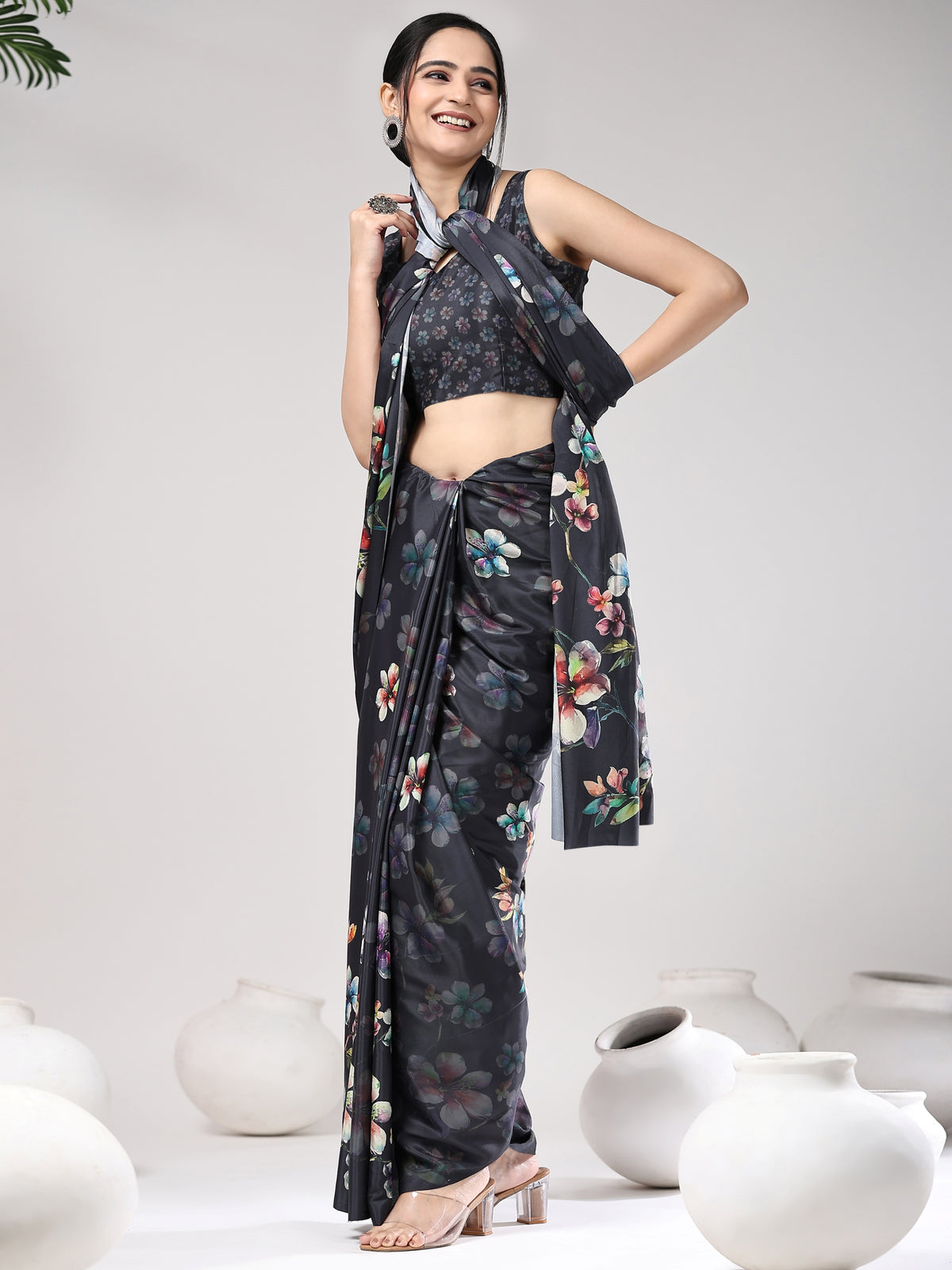Grey Floral Printed Satin Designer Saree