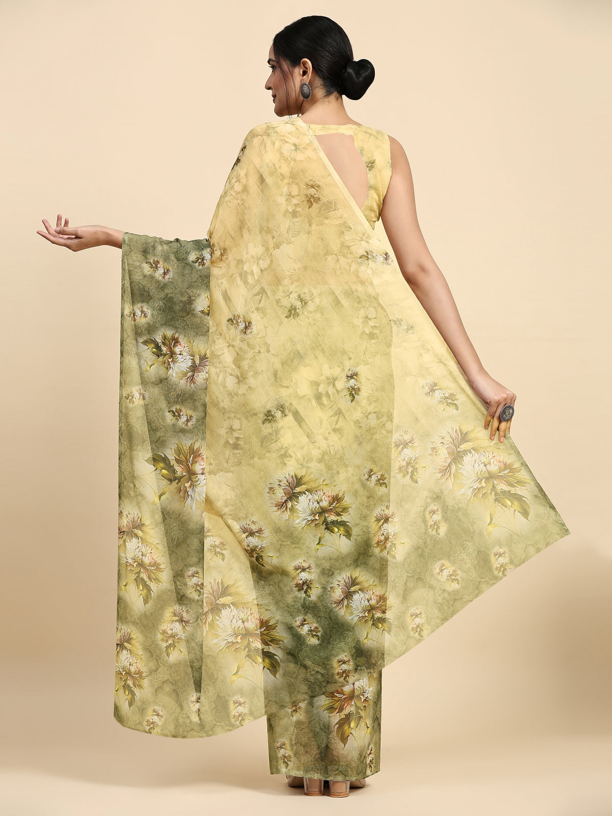 Yellow Floral Printed Satin Party Wear Saree