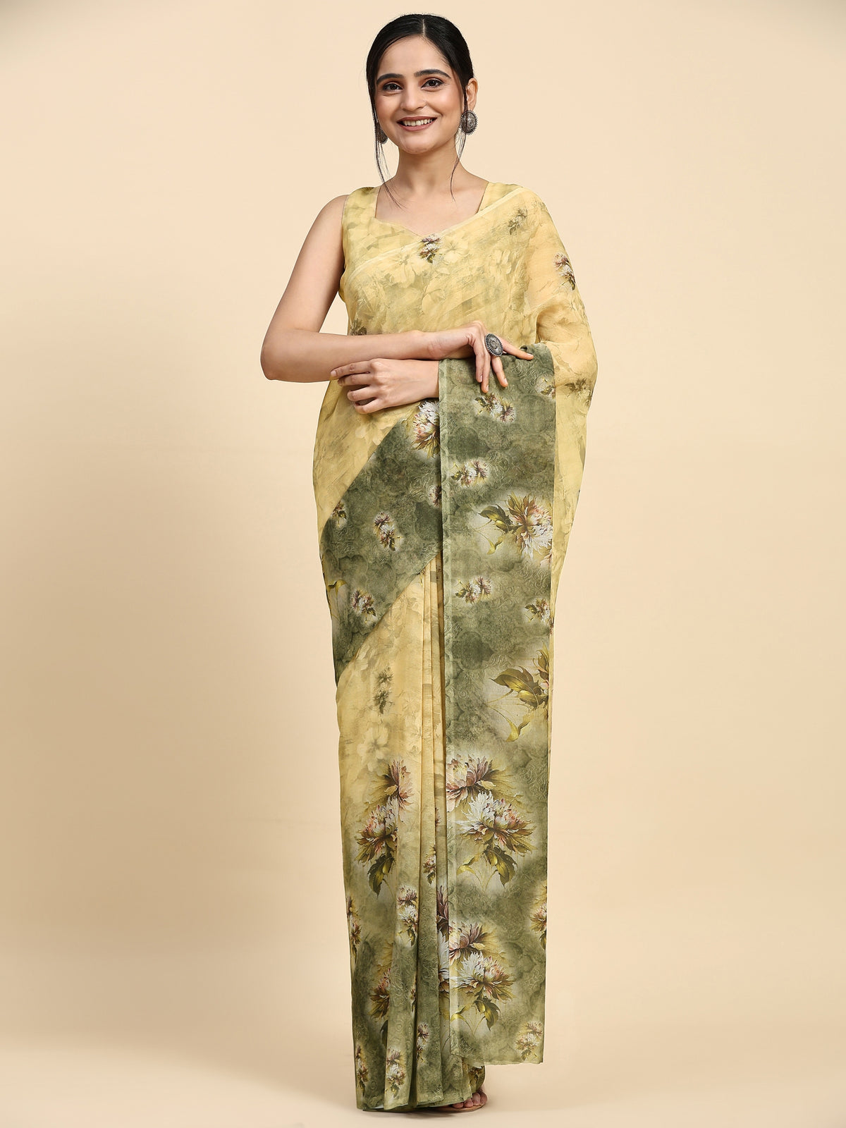 Yellow Floral Printed Satin Party Wear Saree