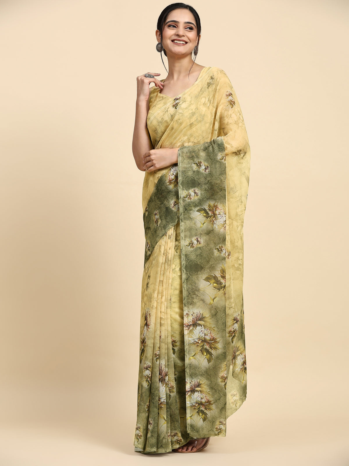 Yellow Floral Printed Satin Party Wear Saree