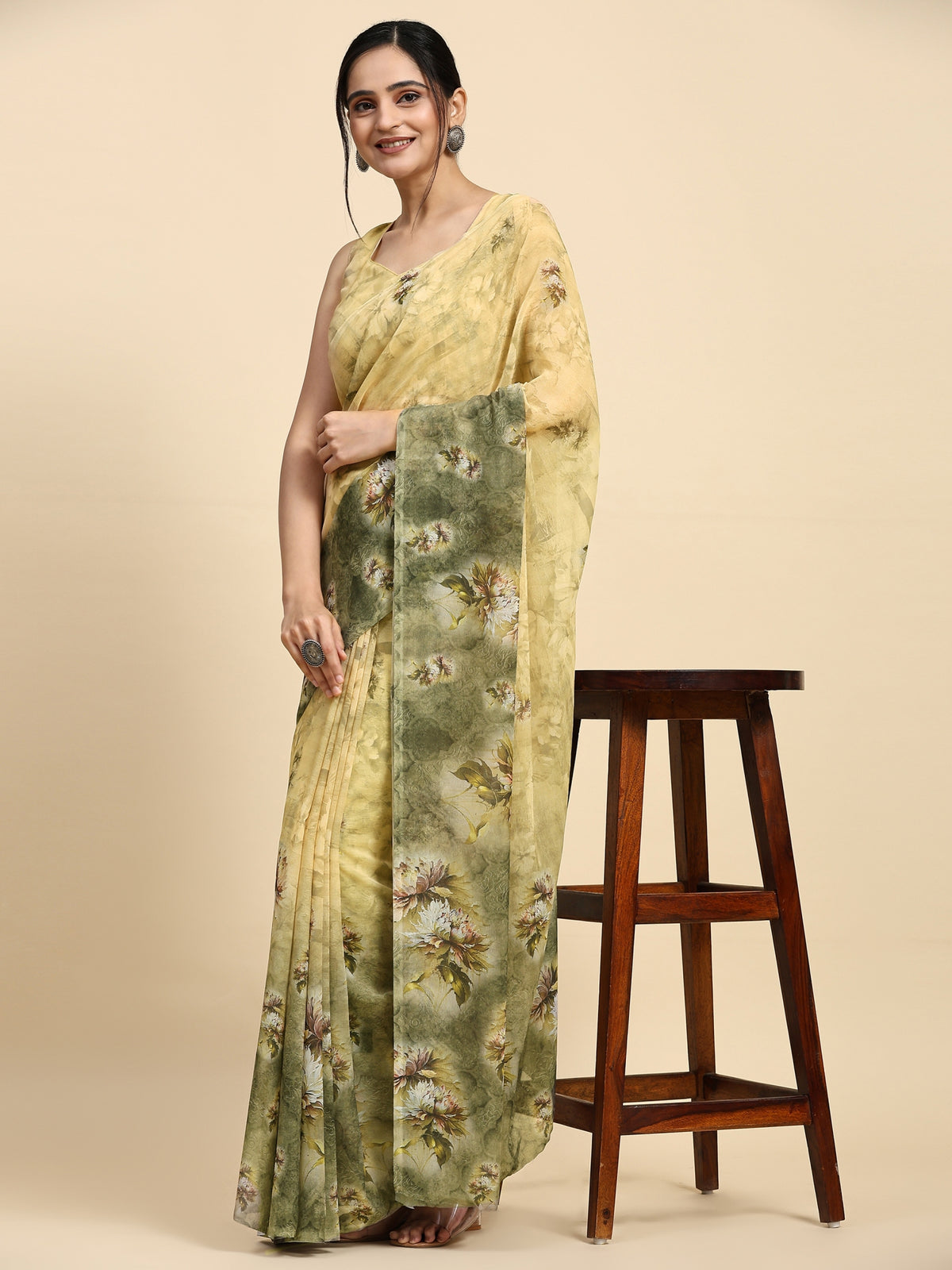 Yellow Floral Printed Satin Party Wear Saree