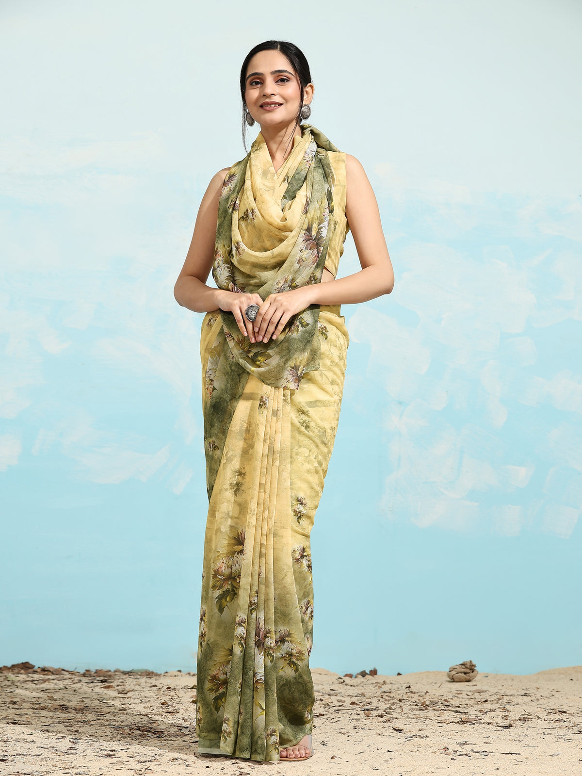 Yellow Floral Printed Satin Party Wear Saree