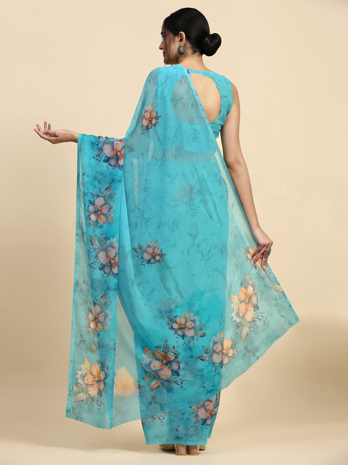 Sky Blue Floral Printed Satin Party Wear Saree
