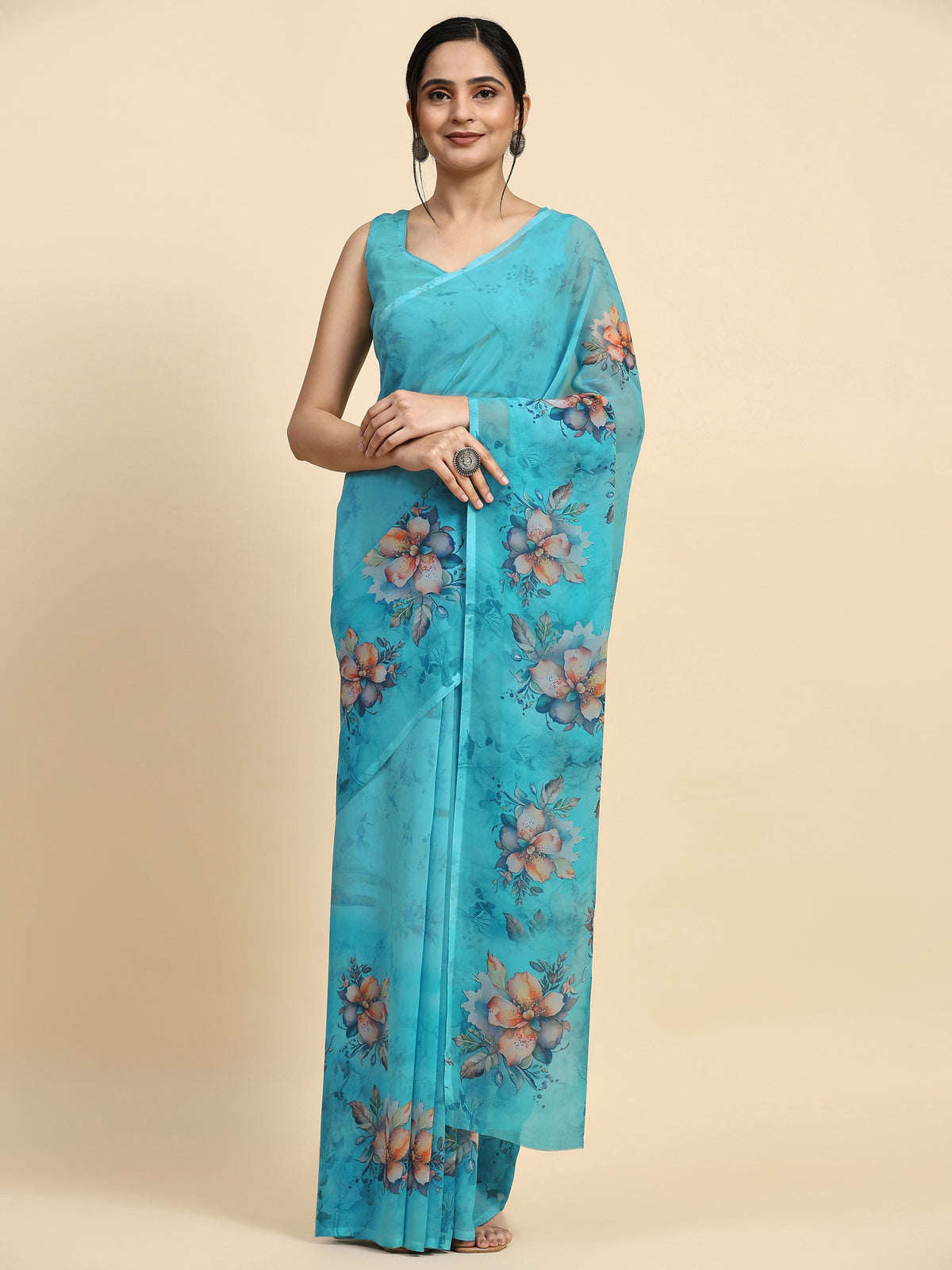 Sky Blue Floral Printed Satin Party Wear Saree