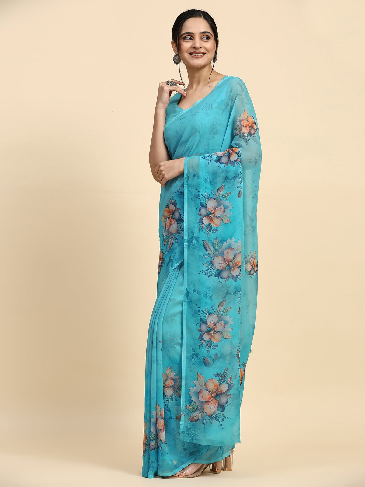 Sky Blue Floral Printed Satin Party Wear Saree