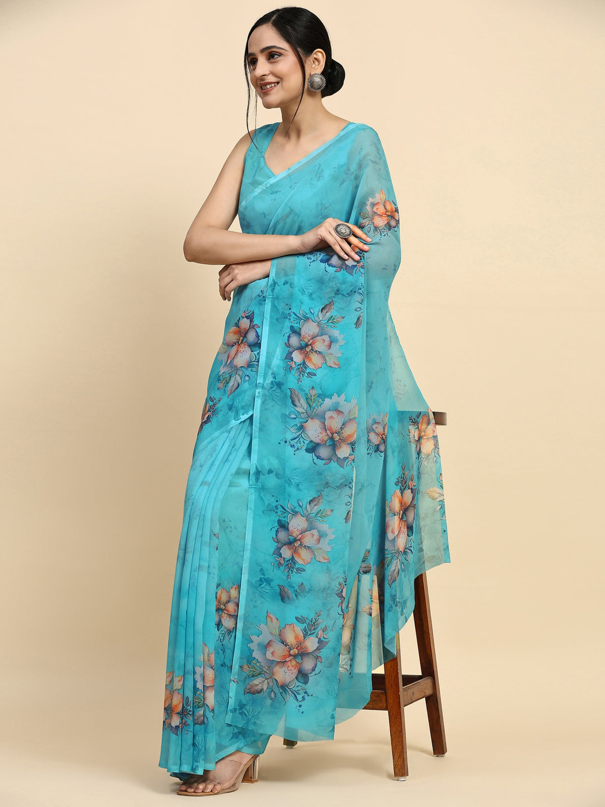 Sky Blue Floral Printed Satin Party Wear Saree