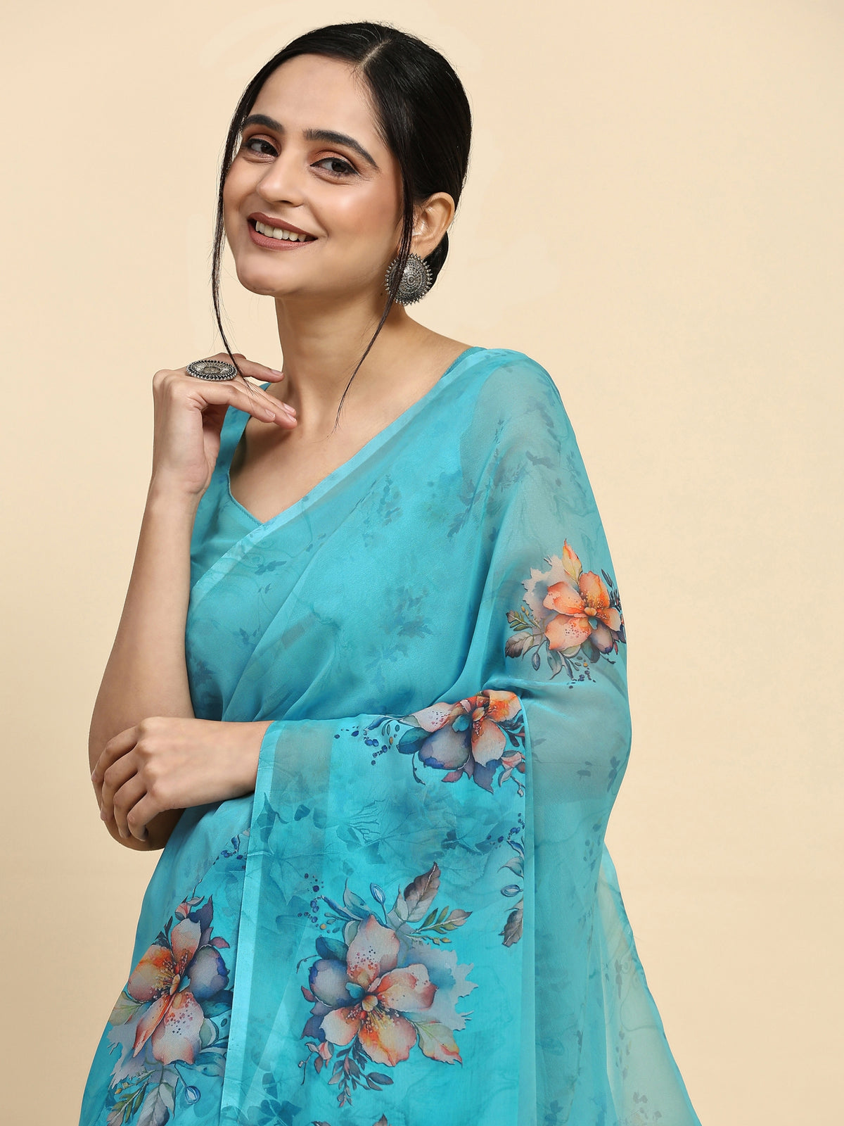 Sky Blue Floral Printed Satin Party Wear Saree