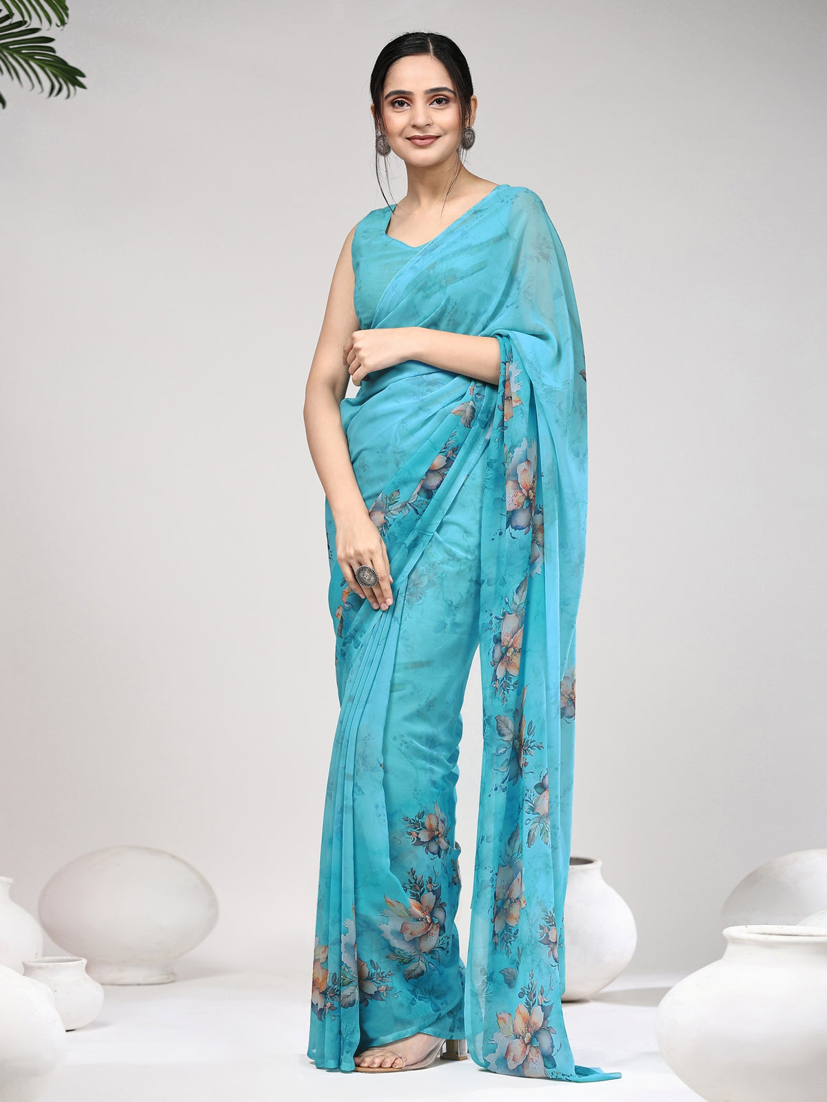Sky Blue Floral Printed Satin Party Wear Saree