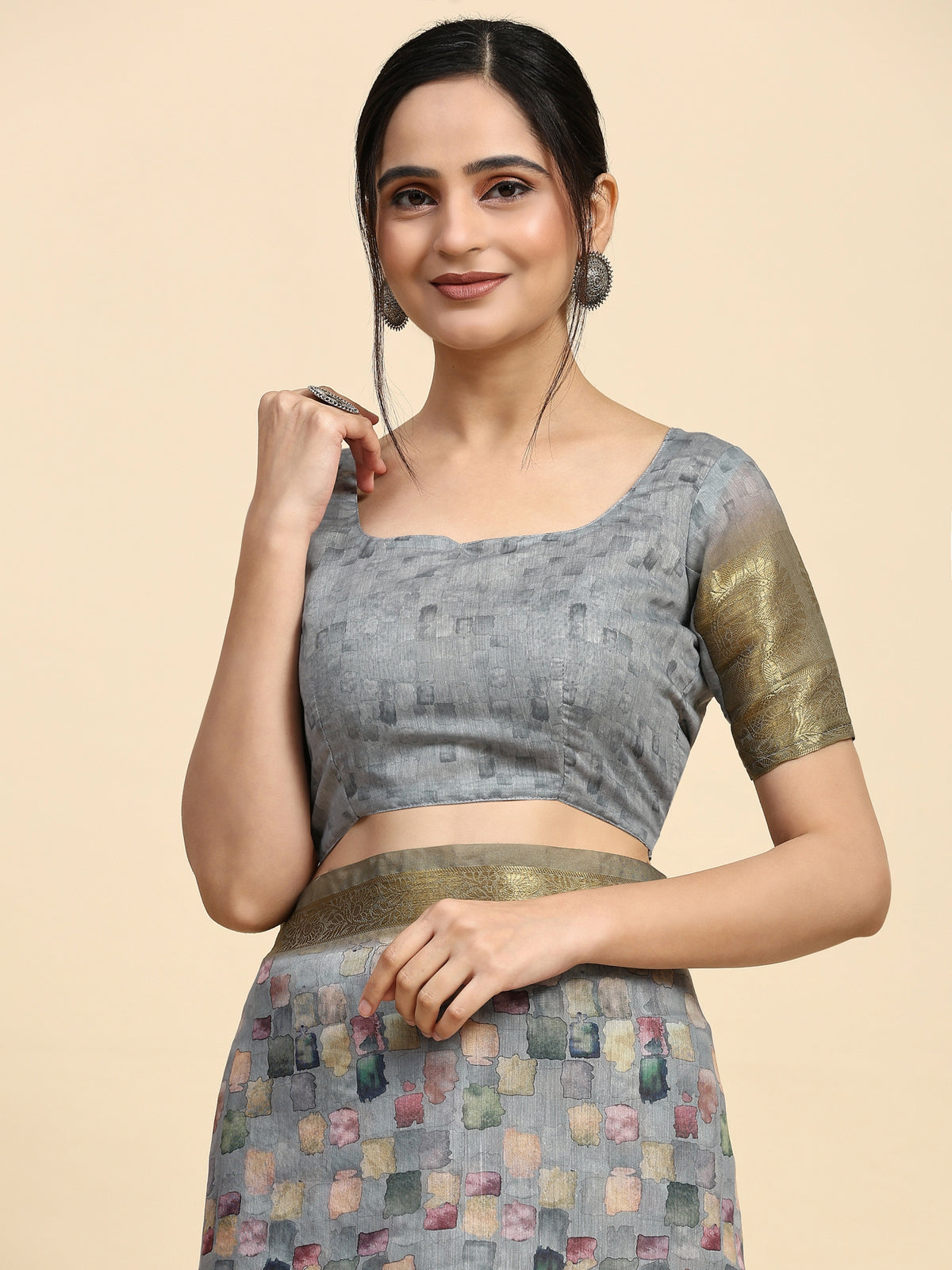Grey Color Floral Printed Satin Designer Saree
