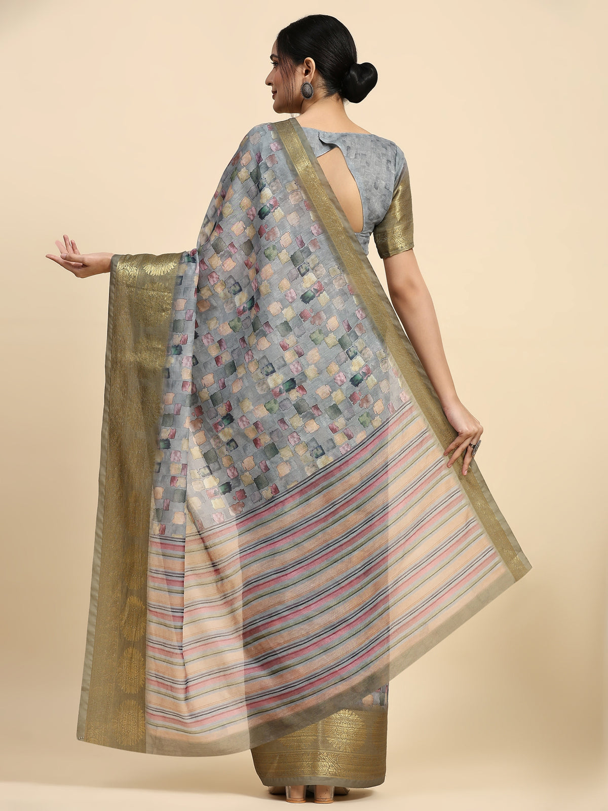 Grey Color Floral Printed Satin Designer Saree