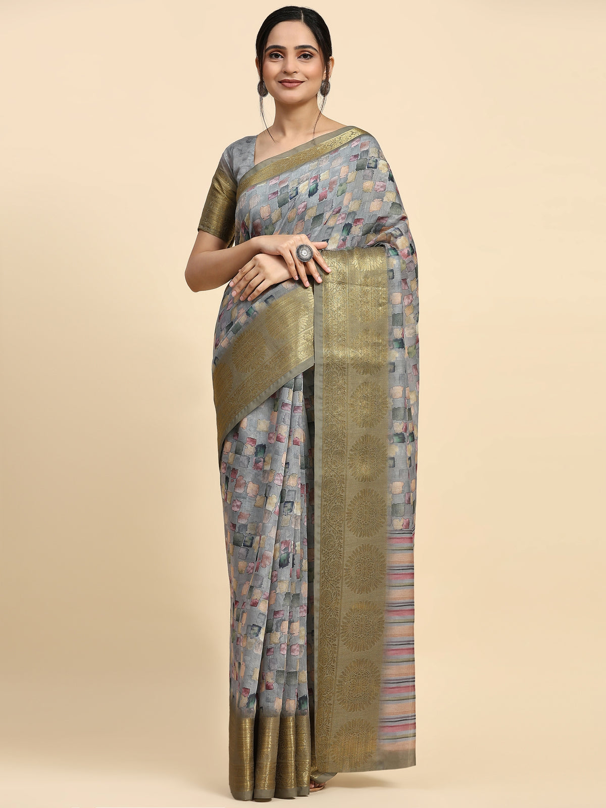 Grey Color Floral Printed Satin Designer Saree