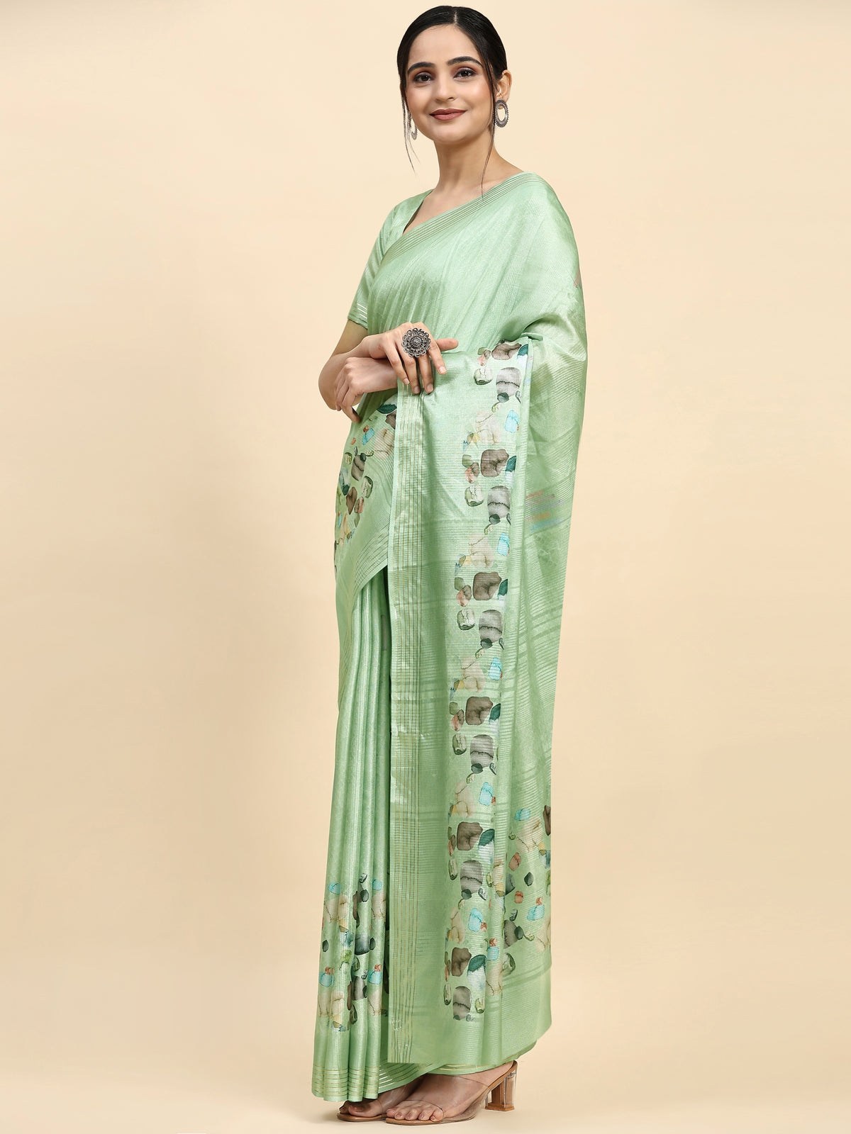 Pista Green Floral Printed Silk Blend Party Wear Saree