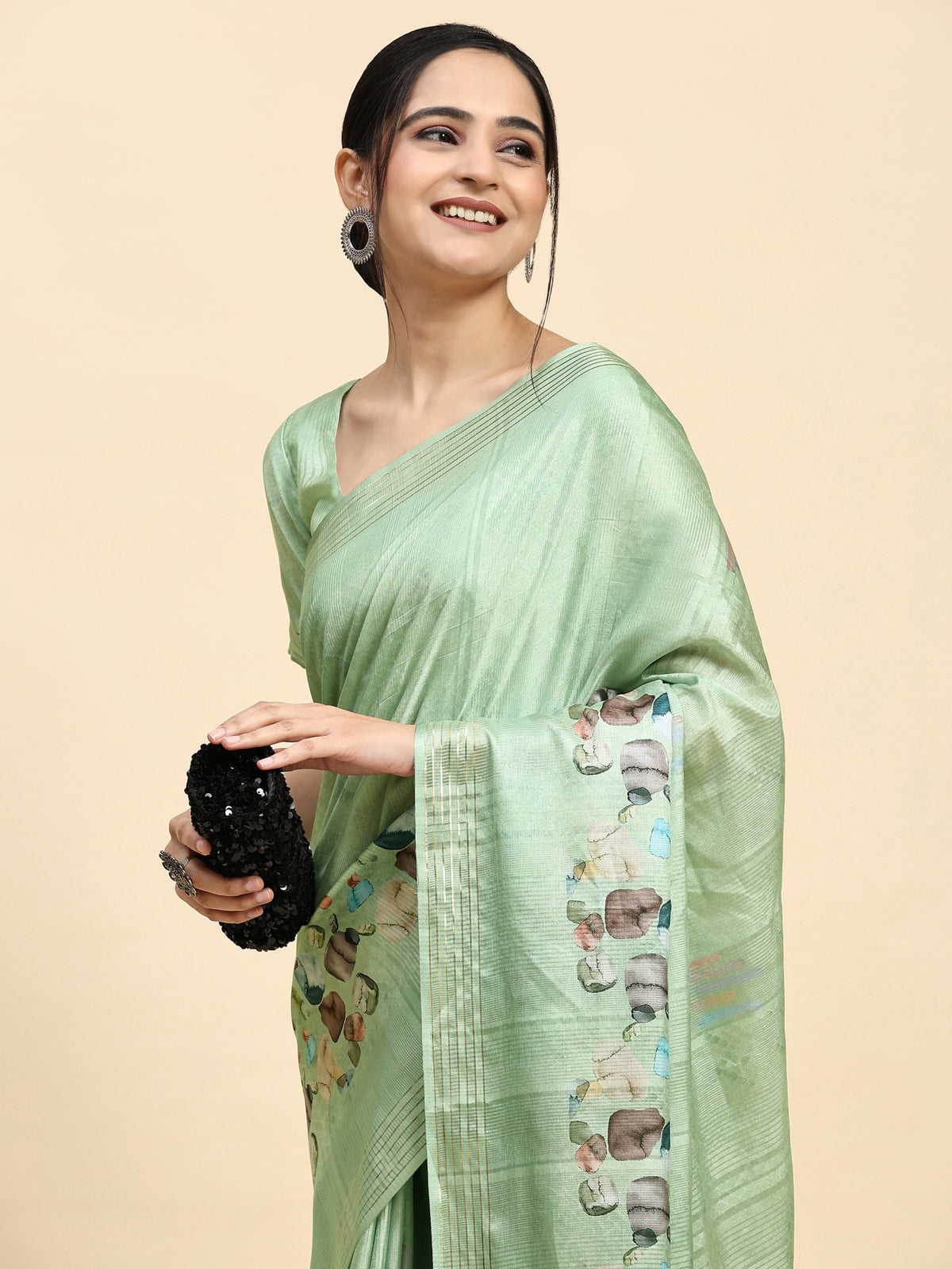 Pista Green Floral Printed Silk Blend Party Wear Saree