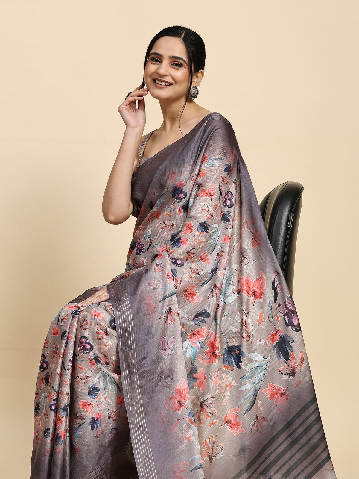 Cream Floral Printed Poly Cotton Designer Saree
