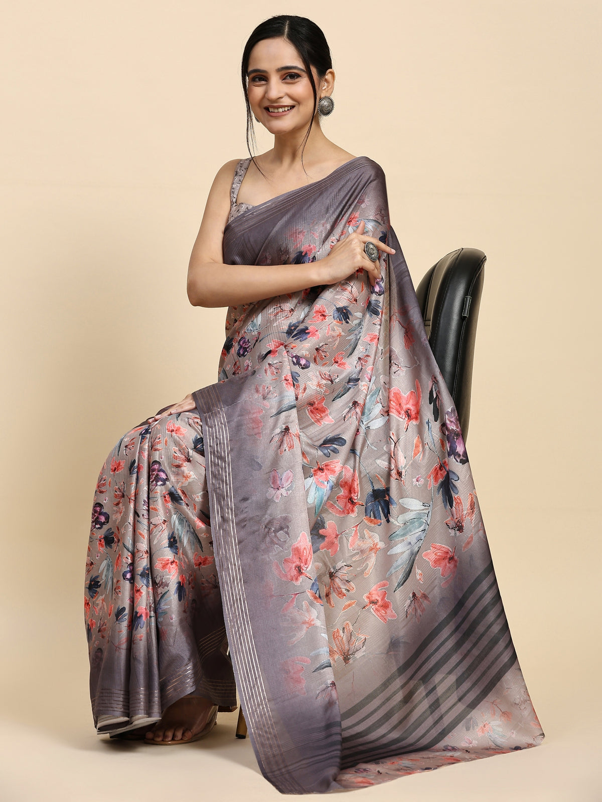 Cream Floral Printed Poly Cotton Designer Saree