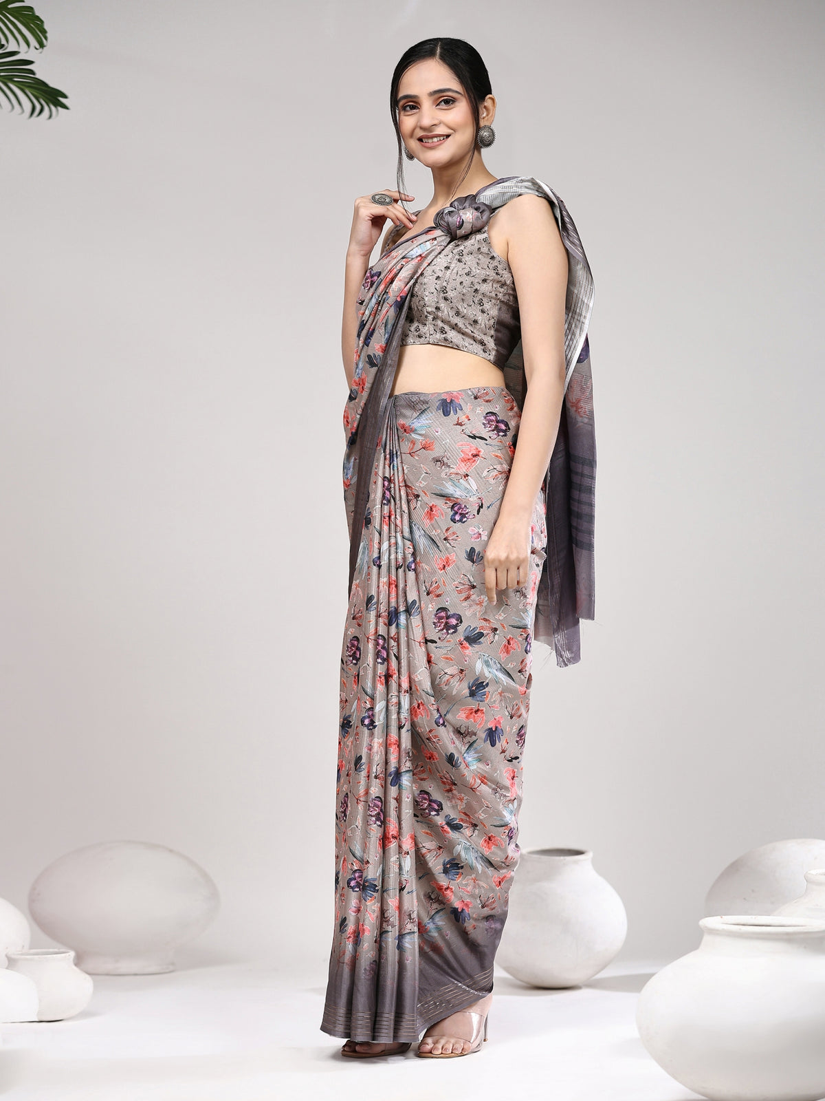Cream Floral Printed Poly Cotton Designer Saree