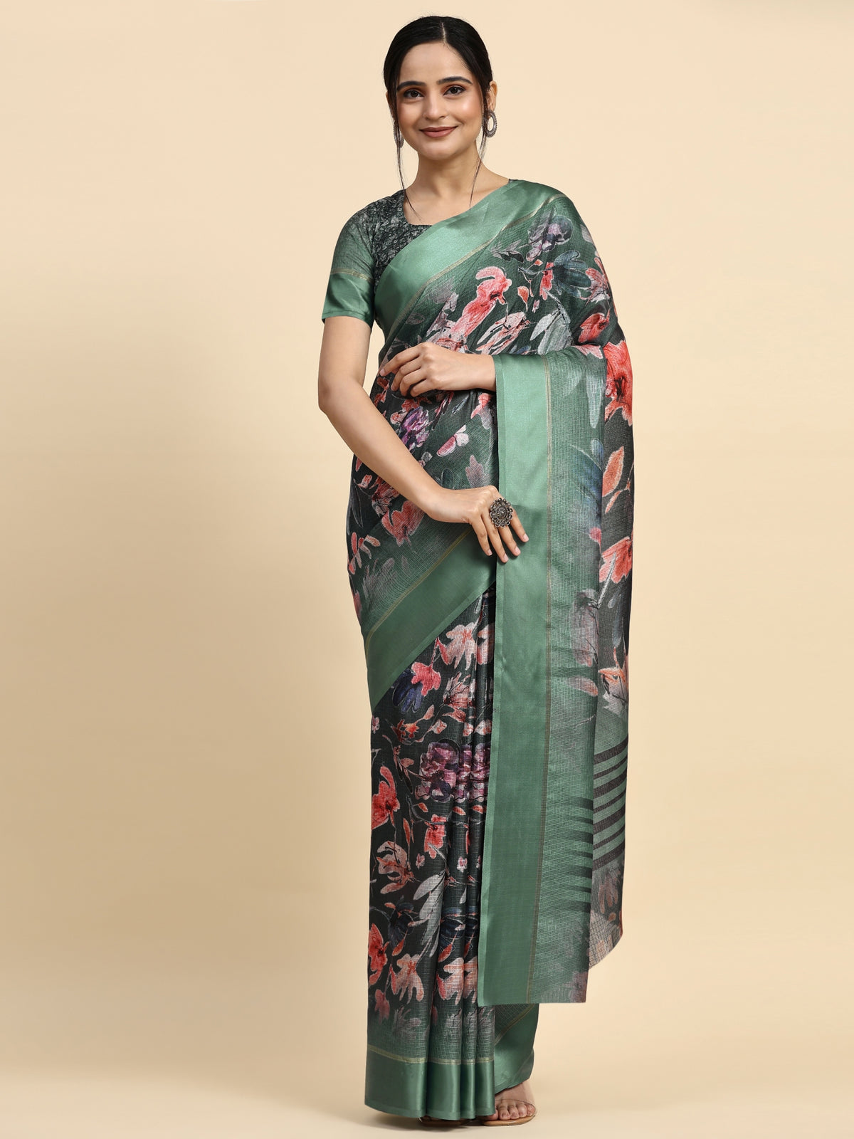 Green Color Floral Printed Silk Blend Designer Saree
