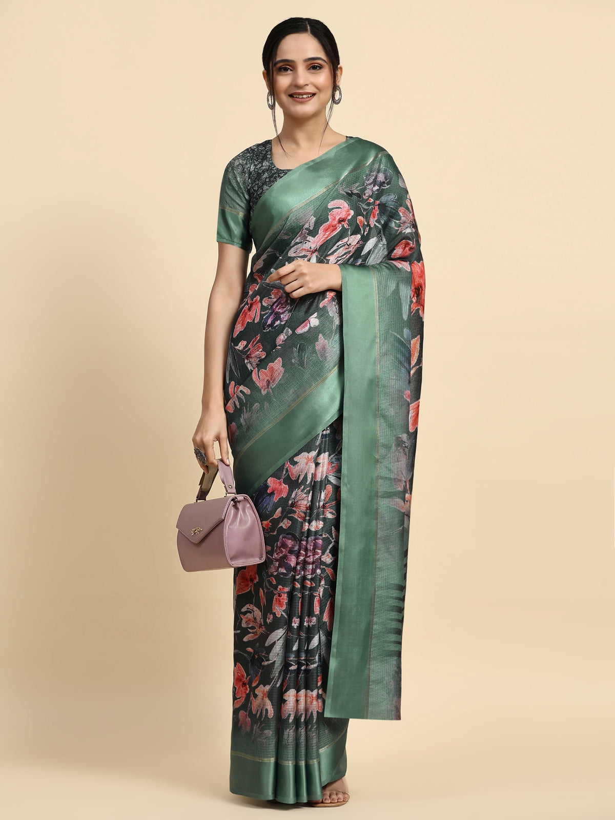 Green Color Floral Printed Silk Blend Designer Saree