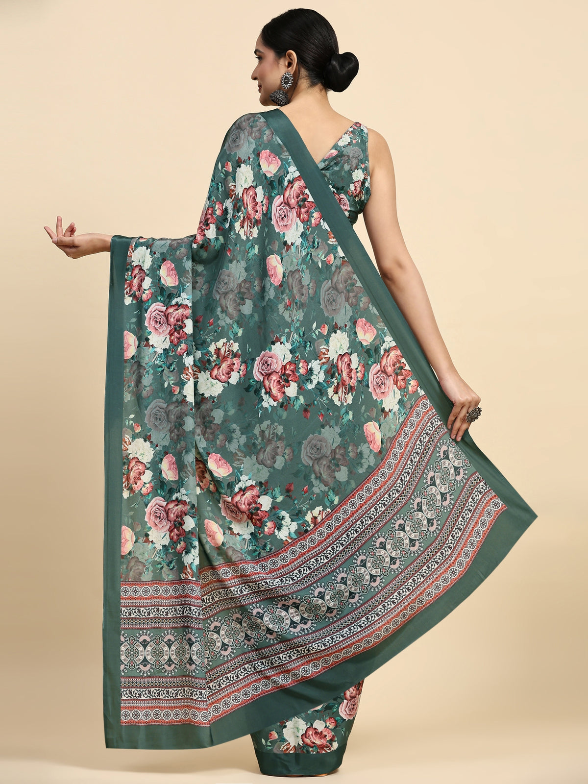 Green Floral Printed Satin Designer Saree