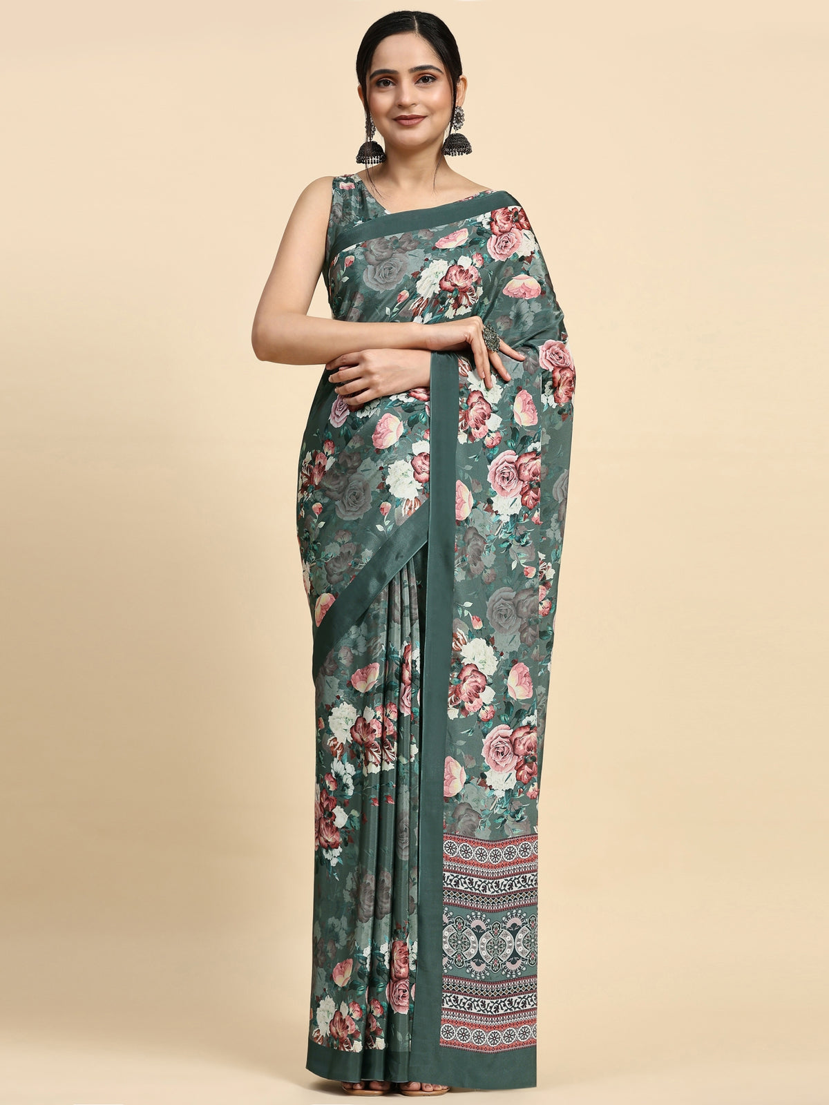 Green Floral Printed Satin Designer Saree