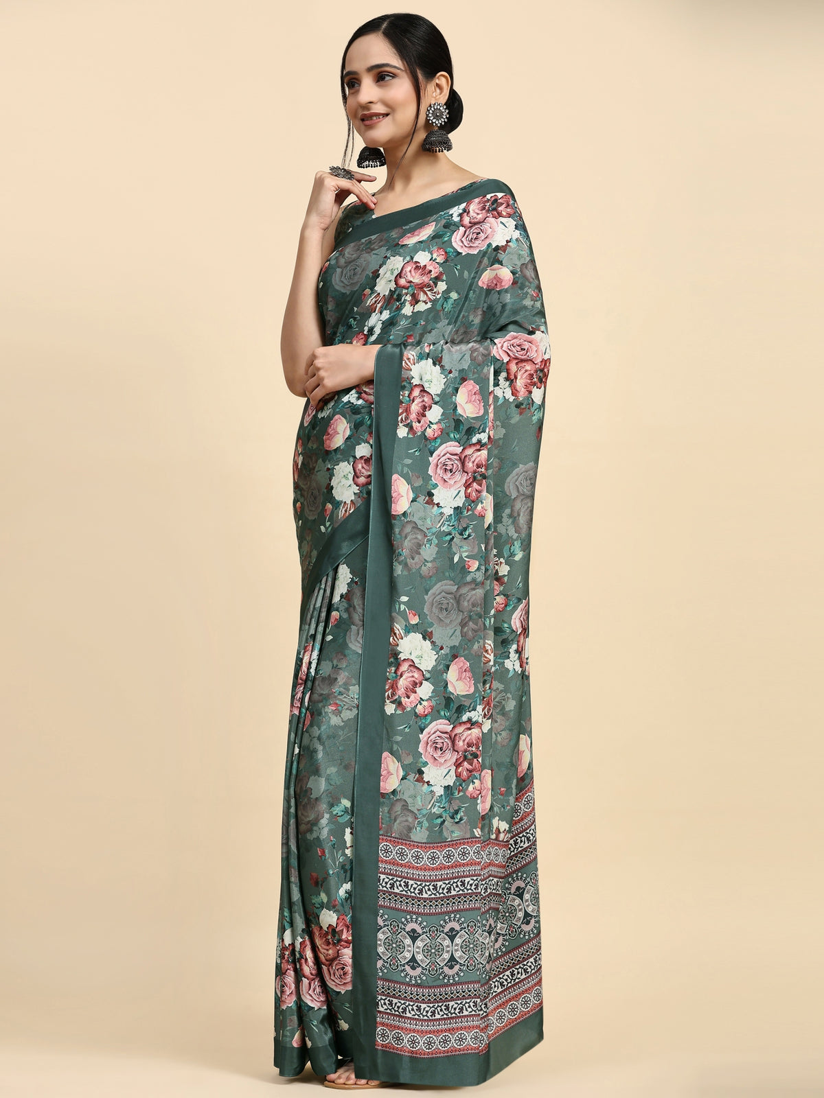 Green Floral Printed Satin Designer Saree