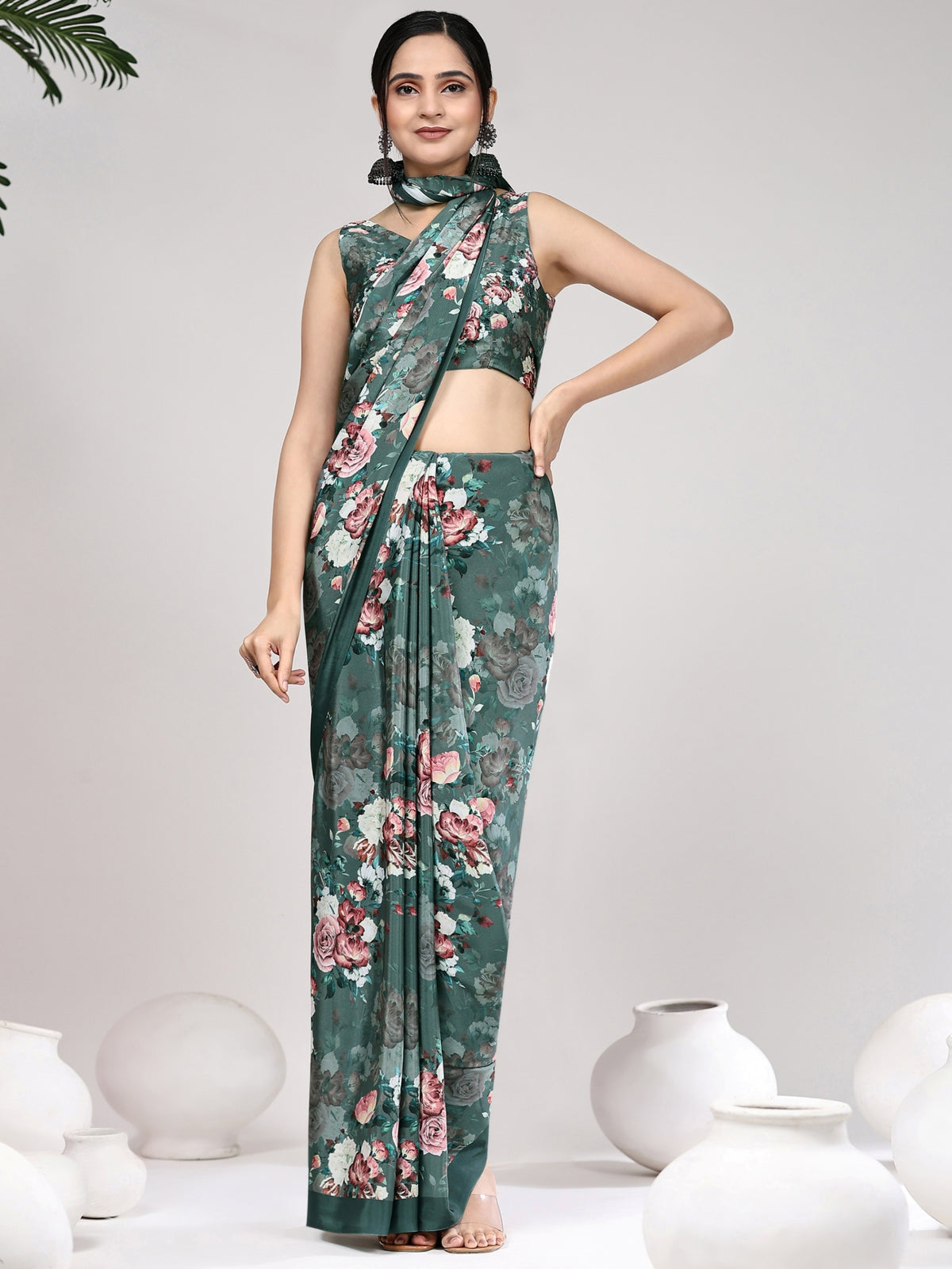 Green Floral Printed Satin Designer Saree