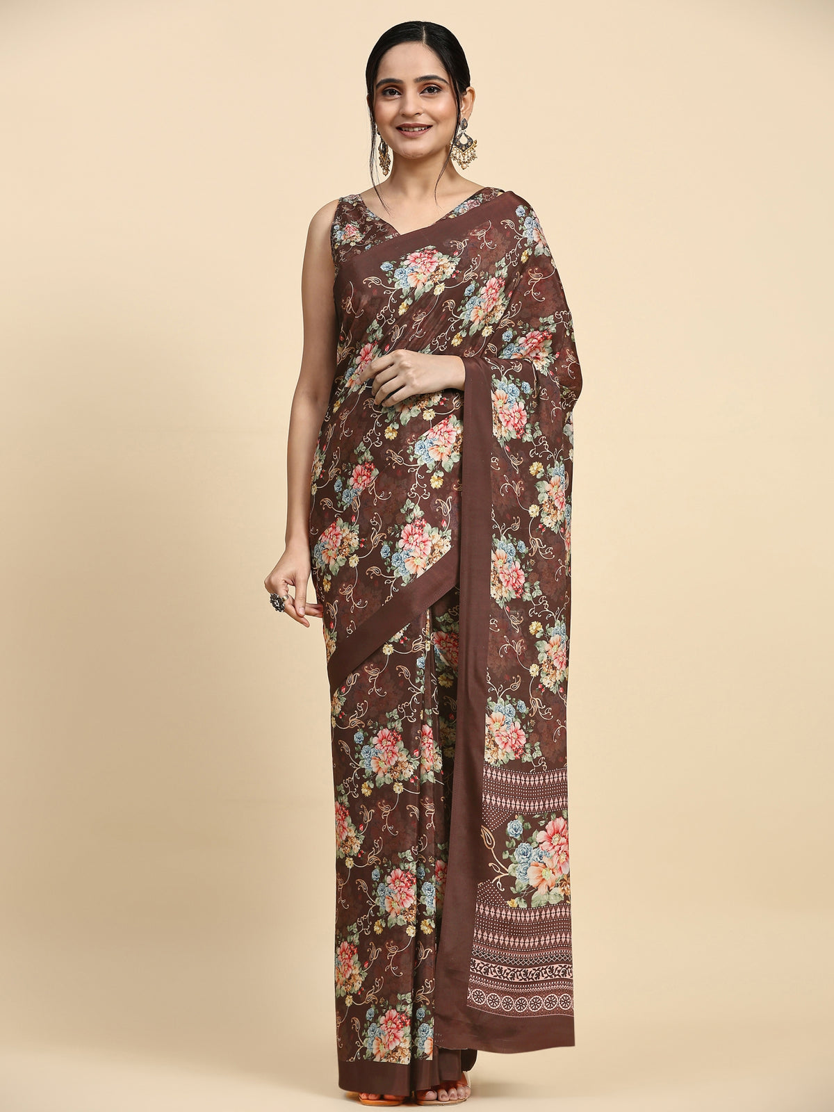 Brown Floral Printed Satin Designer Saree