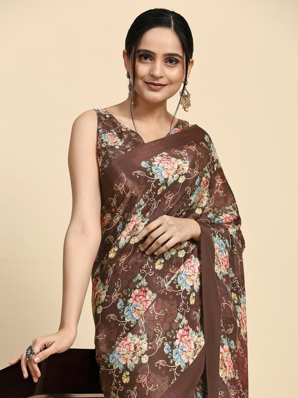 Brown Floral Printed Satin Designer Saree