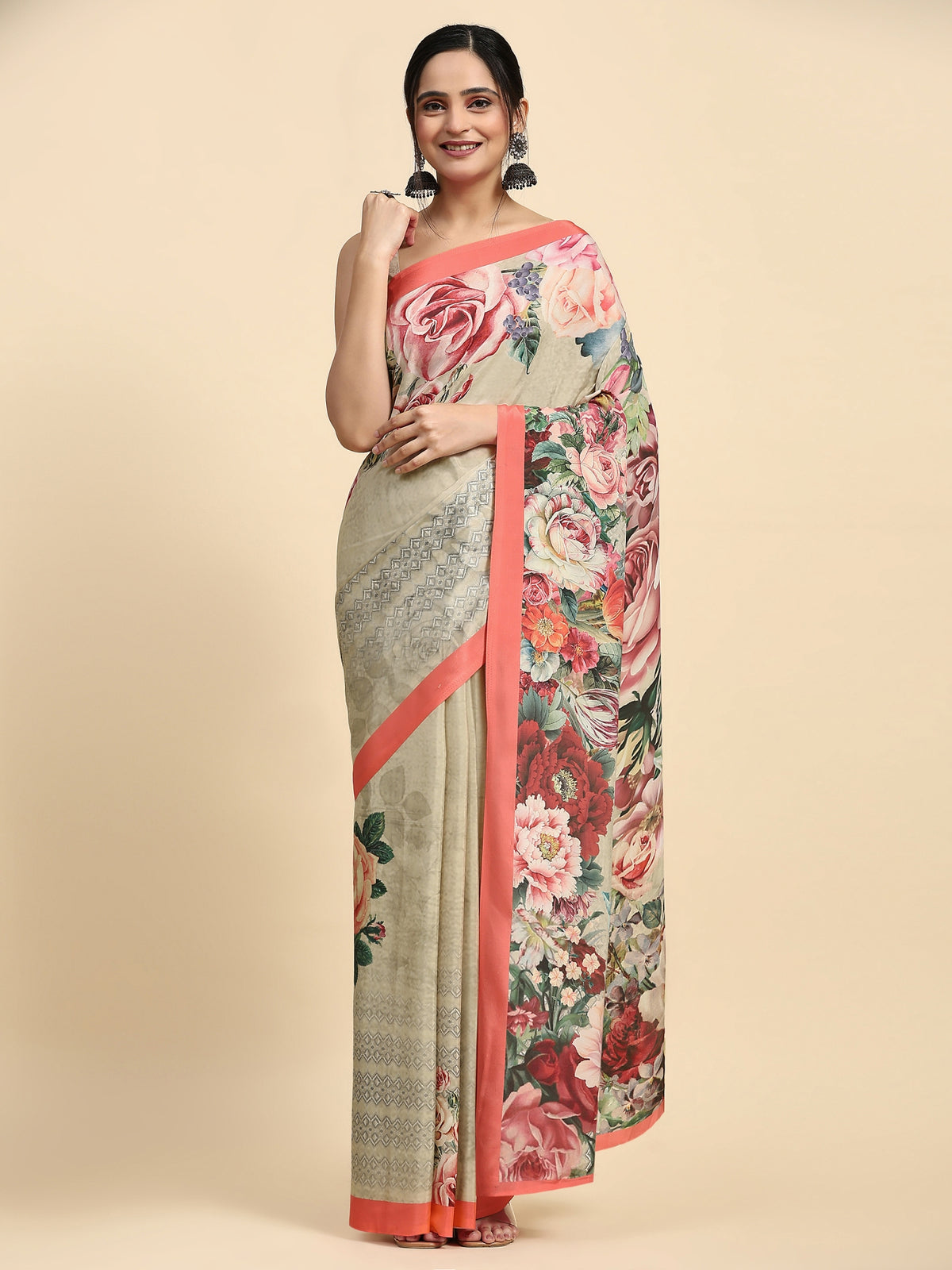 Olive Floral Printed Satin Designer Saree