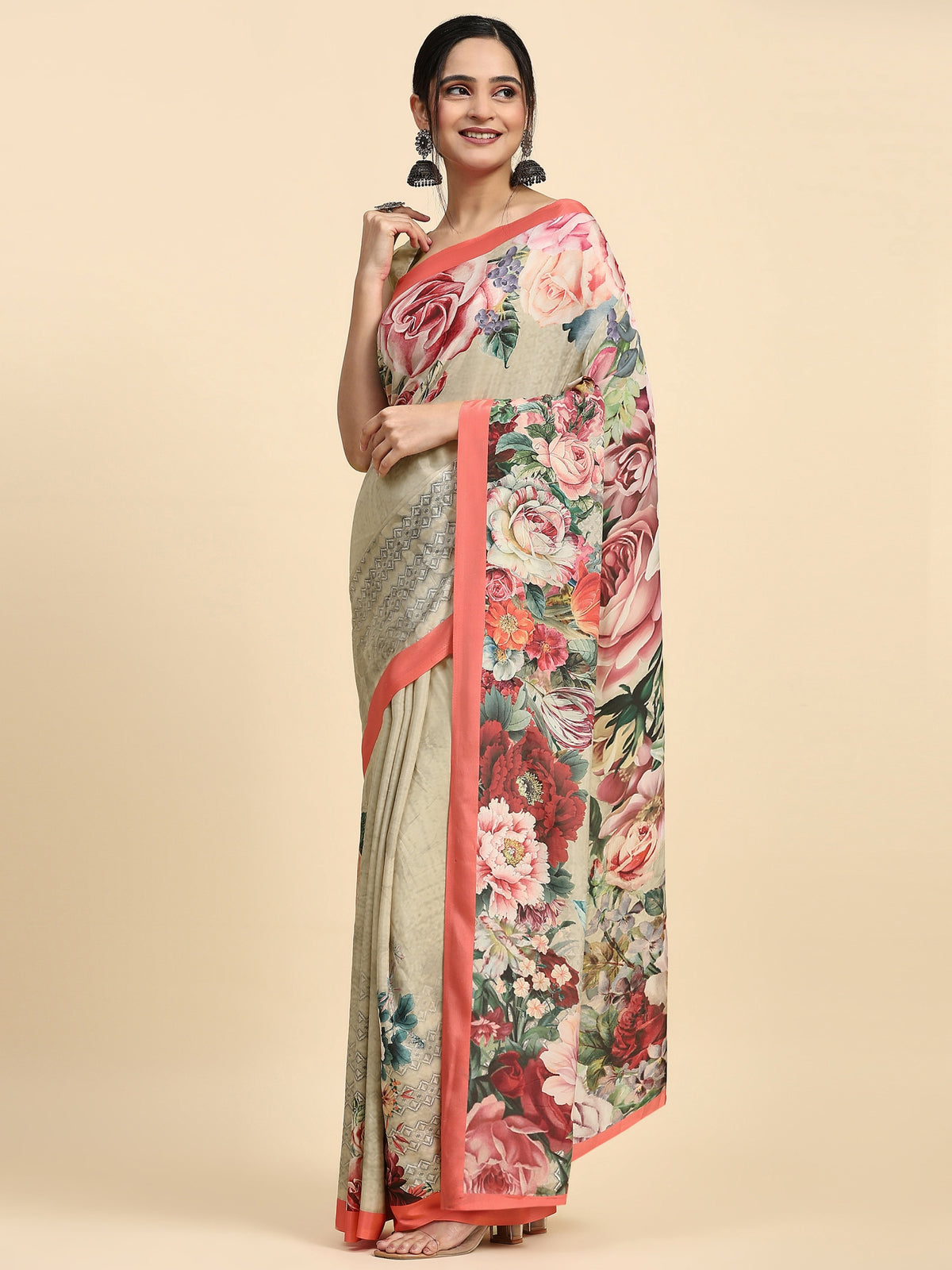 Olive Floral Printed Satin Designer Saree