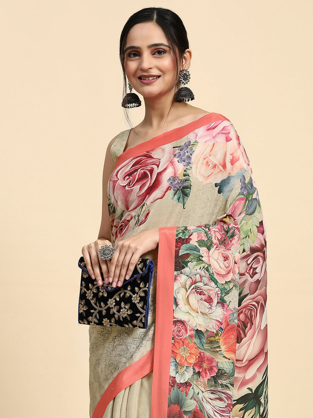 Olive Floral Printed Satin Designer Saree