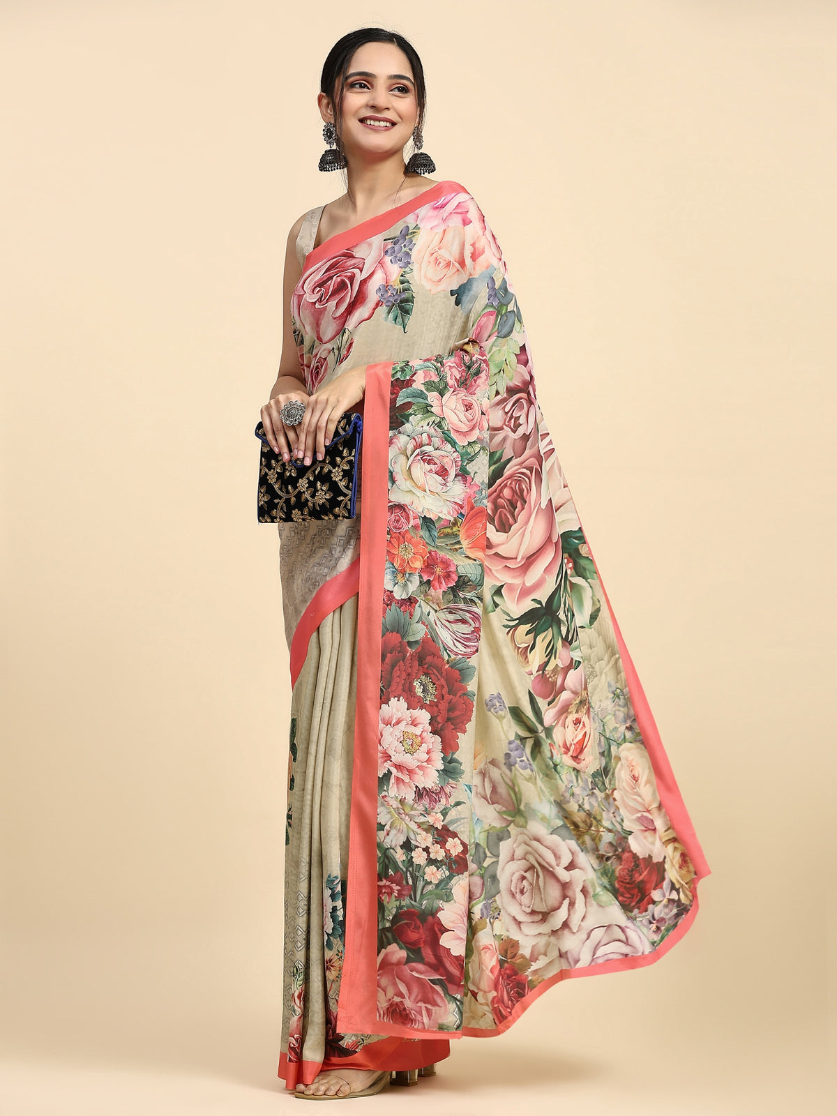 Olive Floral Printed Satin Designer Saree
