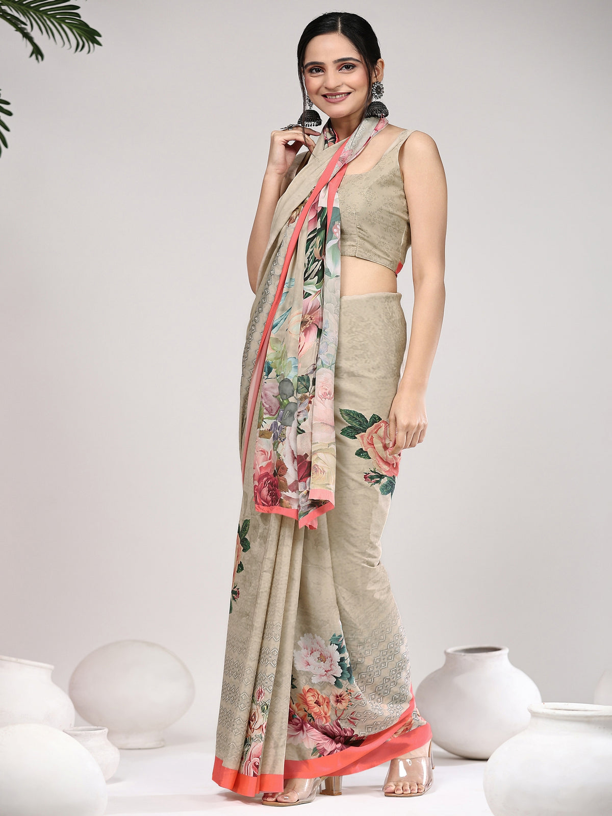 Olive Floral Printed Satin Designer Saree