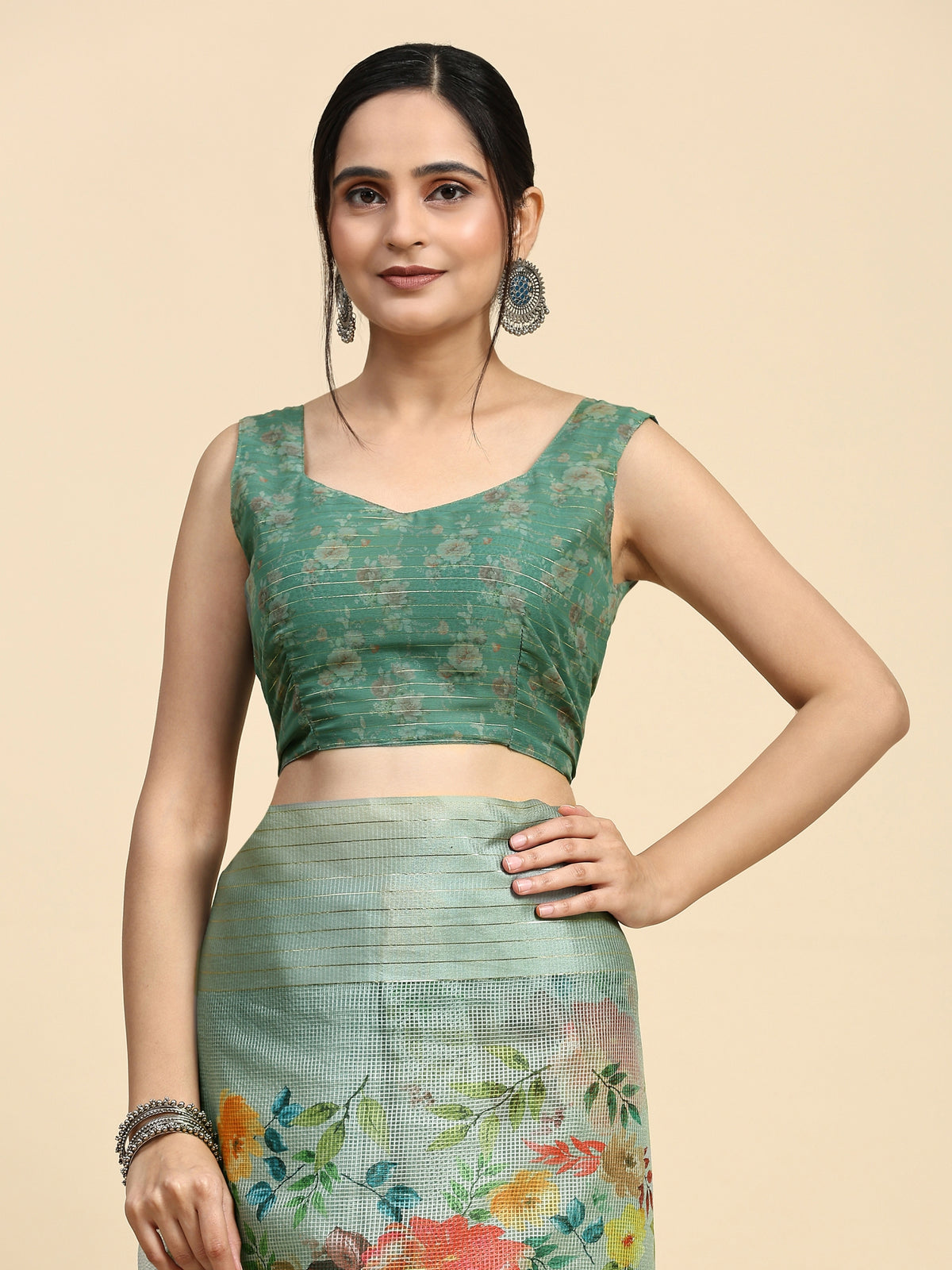 Grey Floral Printed Polycotton Party Wear Saree