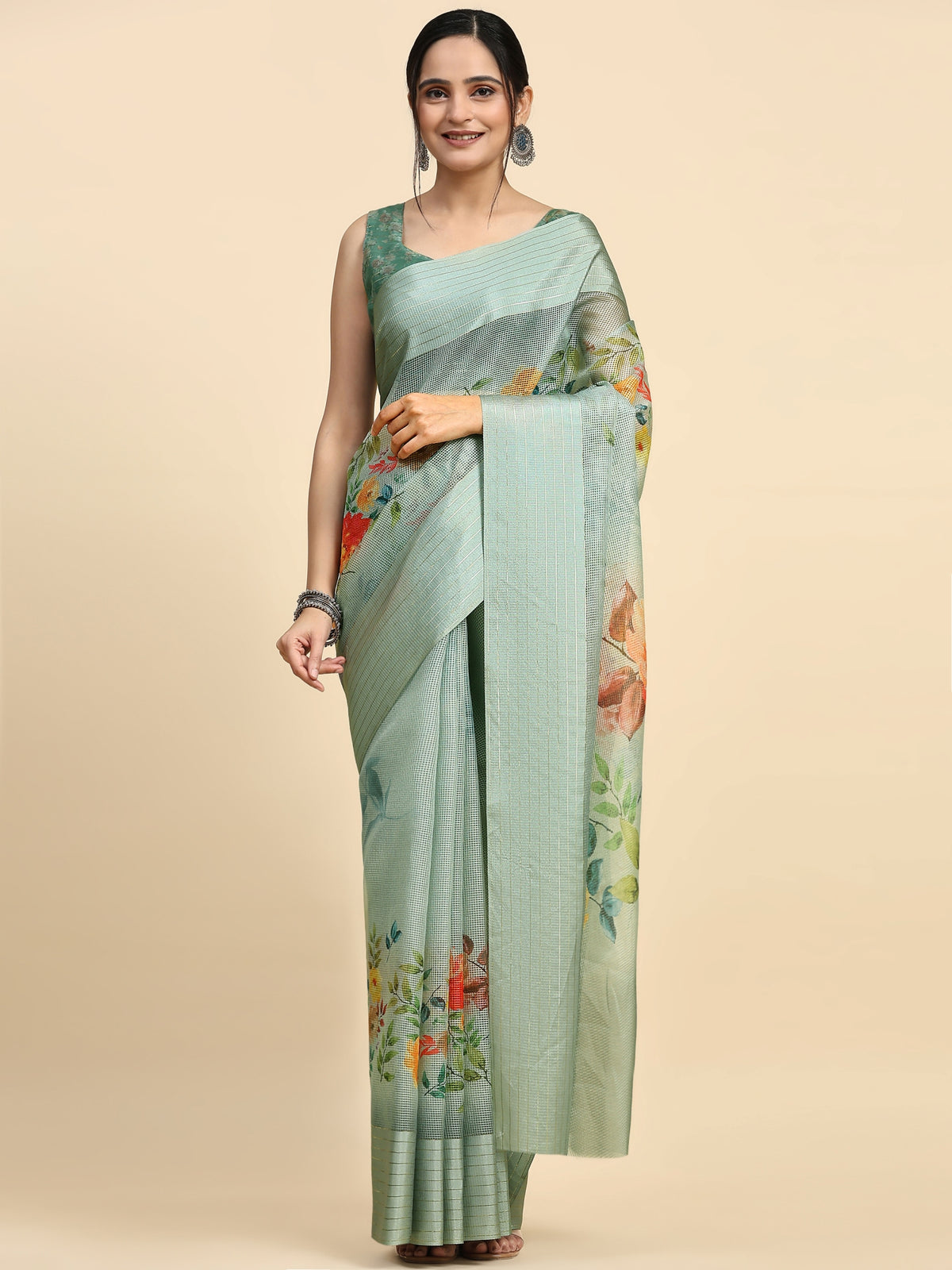 Green Color Printed Satin Designer Saree