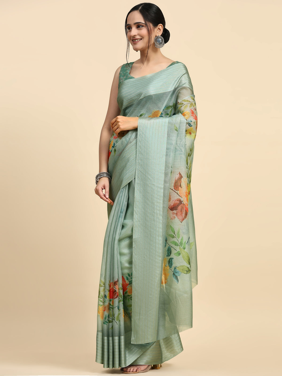 Grey Floral Printed Polycotton Party Wear Saree