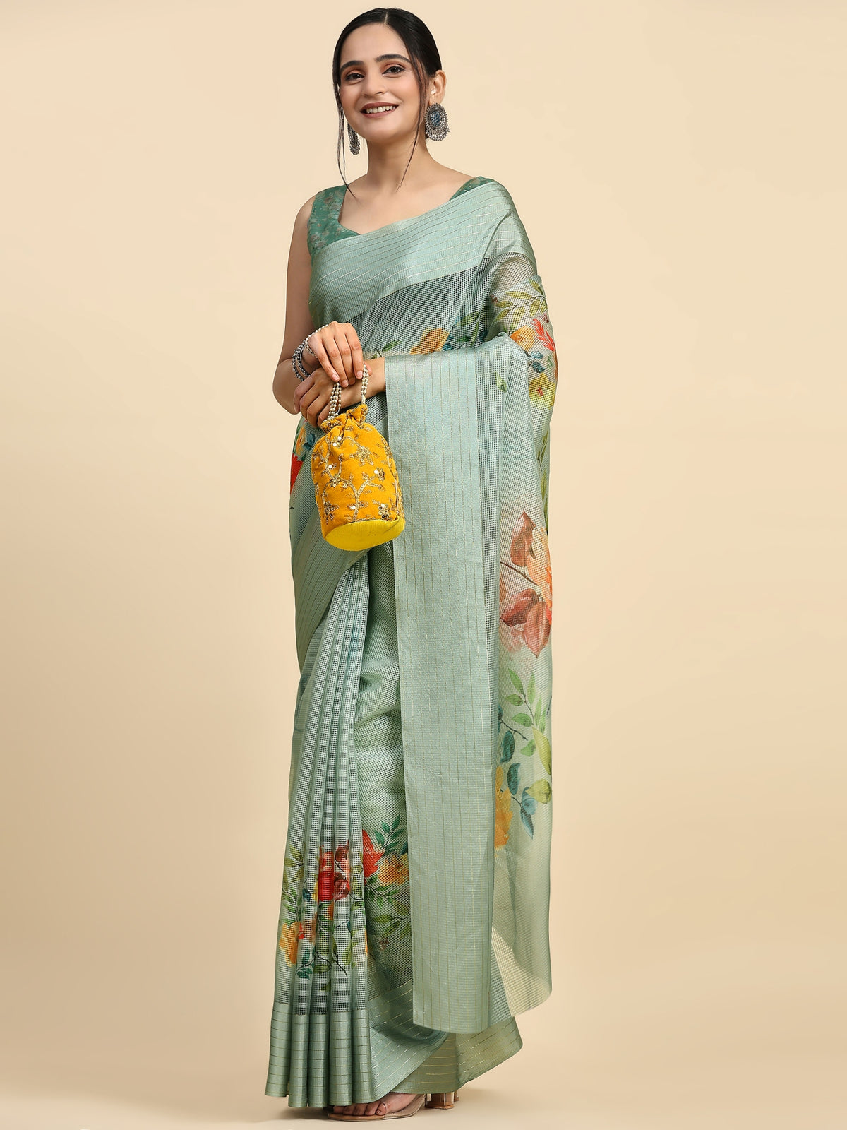 Grey Floral Printed Polycotton Party Wear Saree