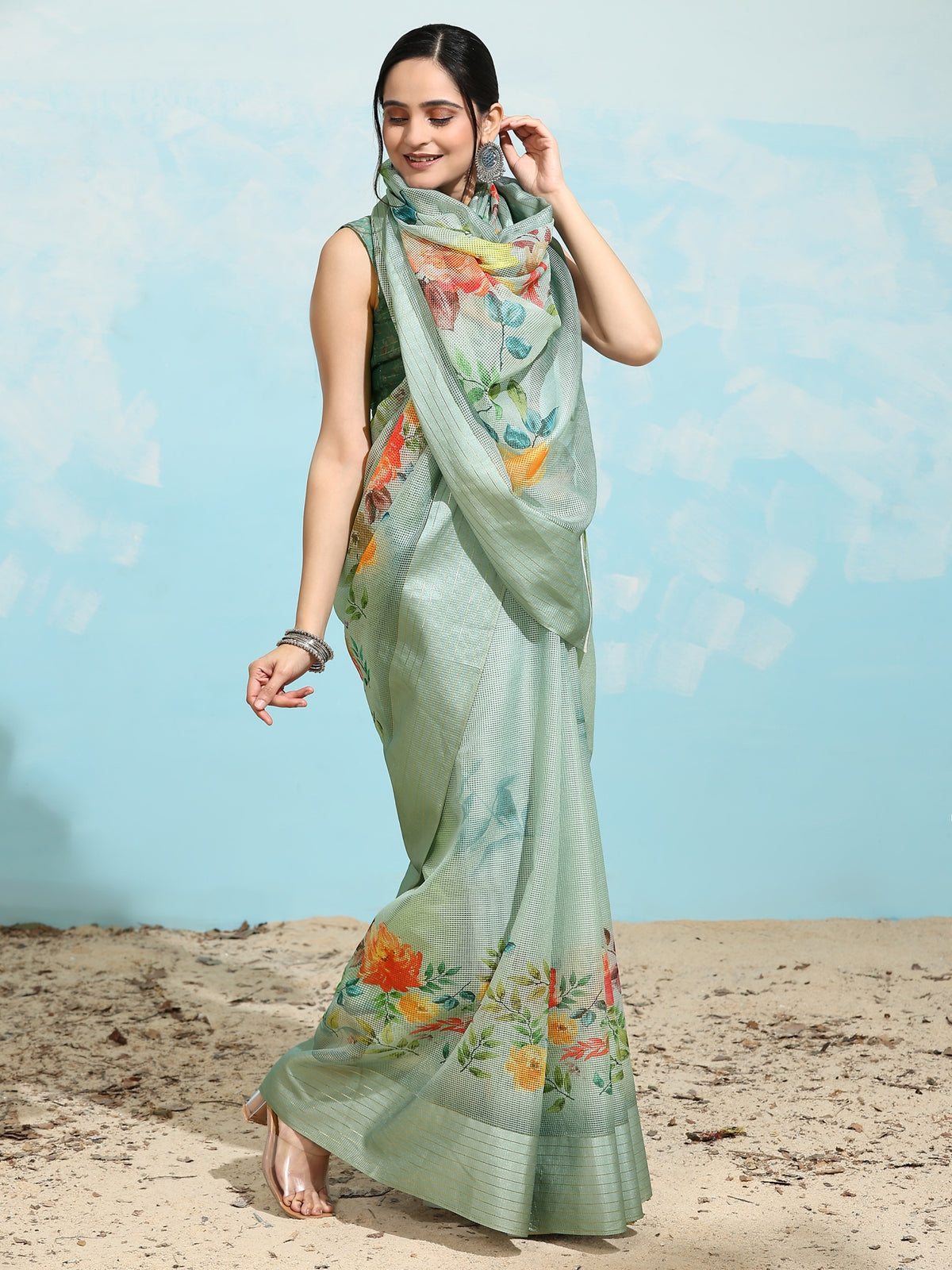 Grey Floral Printed Polycotton Party Wear Saree