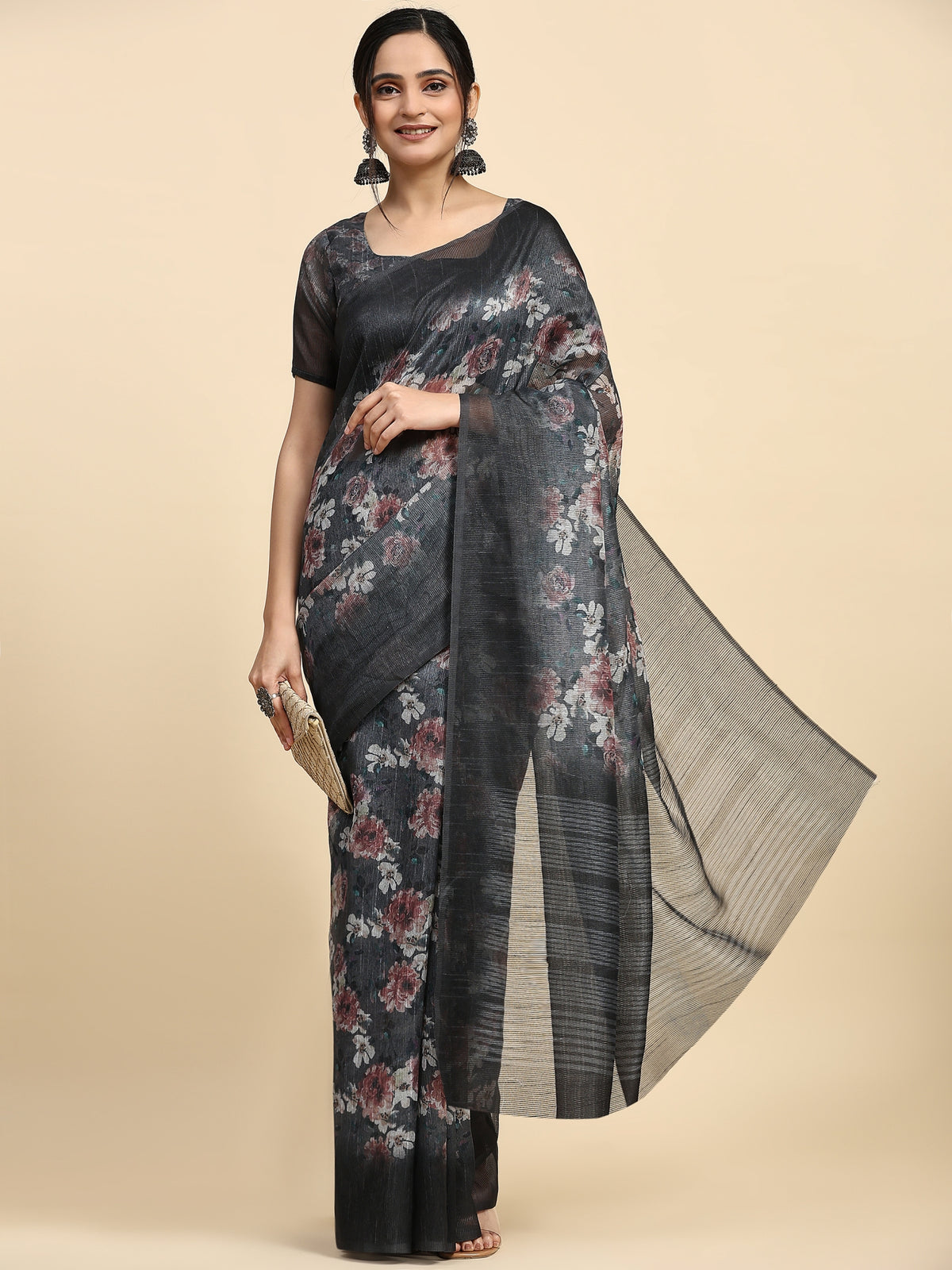 Grey & Brown Floral Printed Poly Chiffon Party Wear Saree