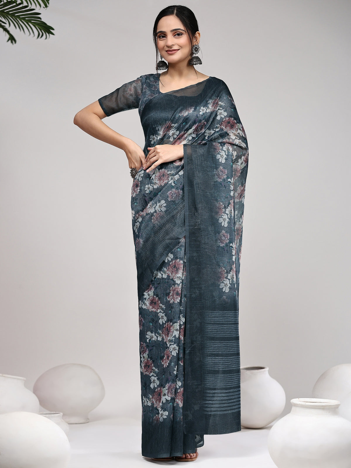 Grey & Brown Floral Printed Poly Chiffon Party Wear Saree