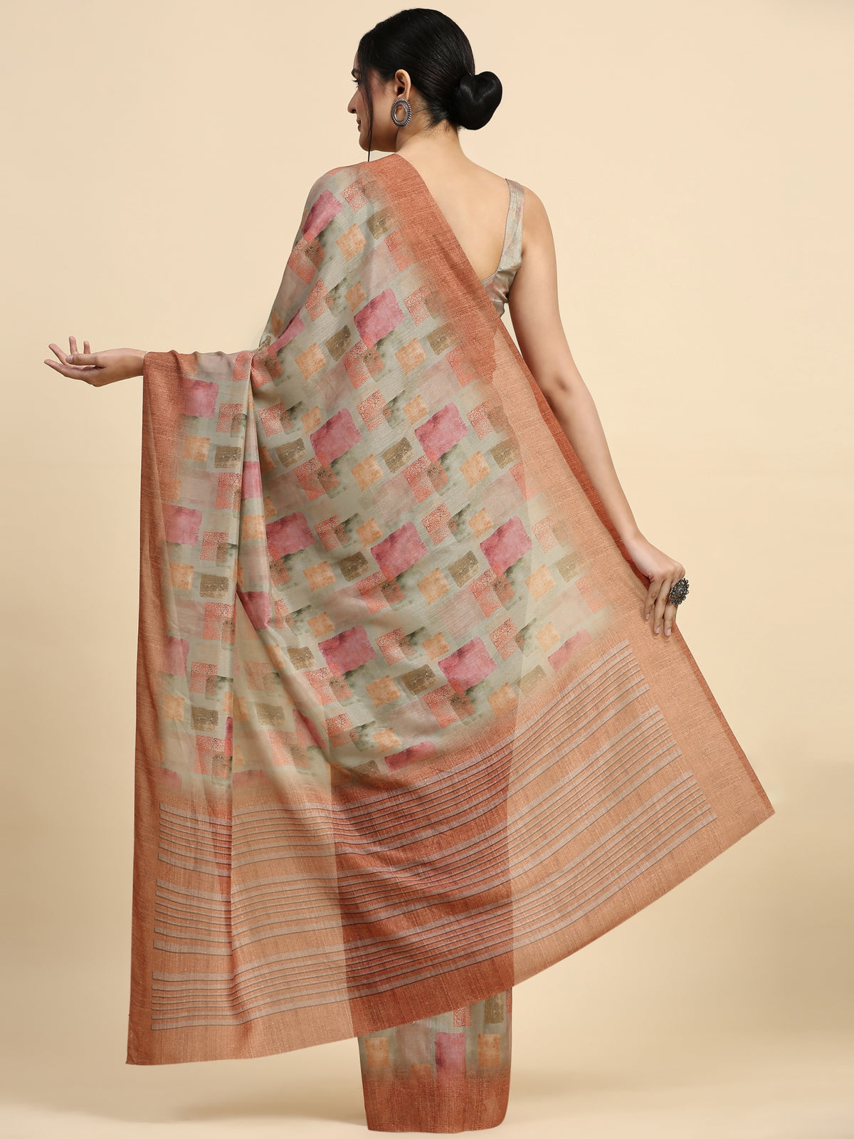 Beige Color Geometric Printed Satin Designer Saree